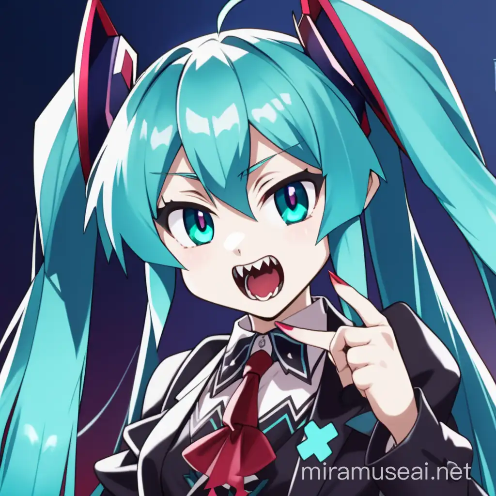Vampire Hatsune Miku with Fangs Out in Gothic Setting