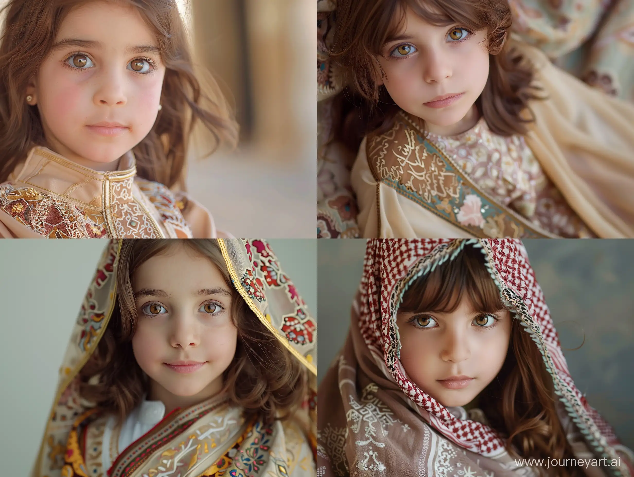 An opening photo of a ten-year-old Saudi girl with brown hair and hazel eyes wearing a traditional Saudi dress on the occasion of the Saudi Founding Day, professional cinematography, shallow depth of field, subject in focus, professional color grading, precise dynamic movement, movie film, professional movie camera
