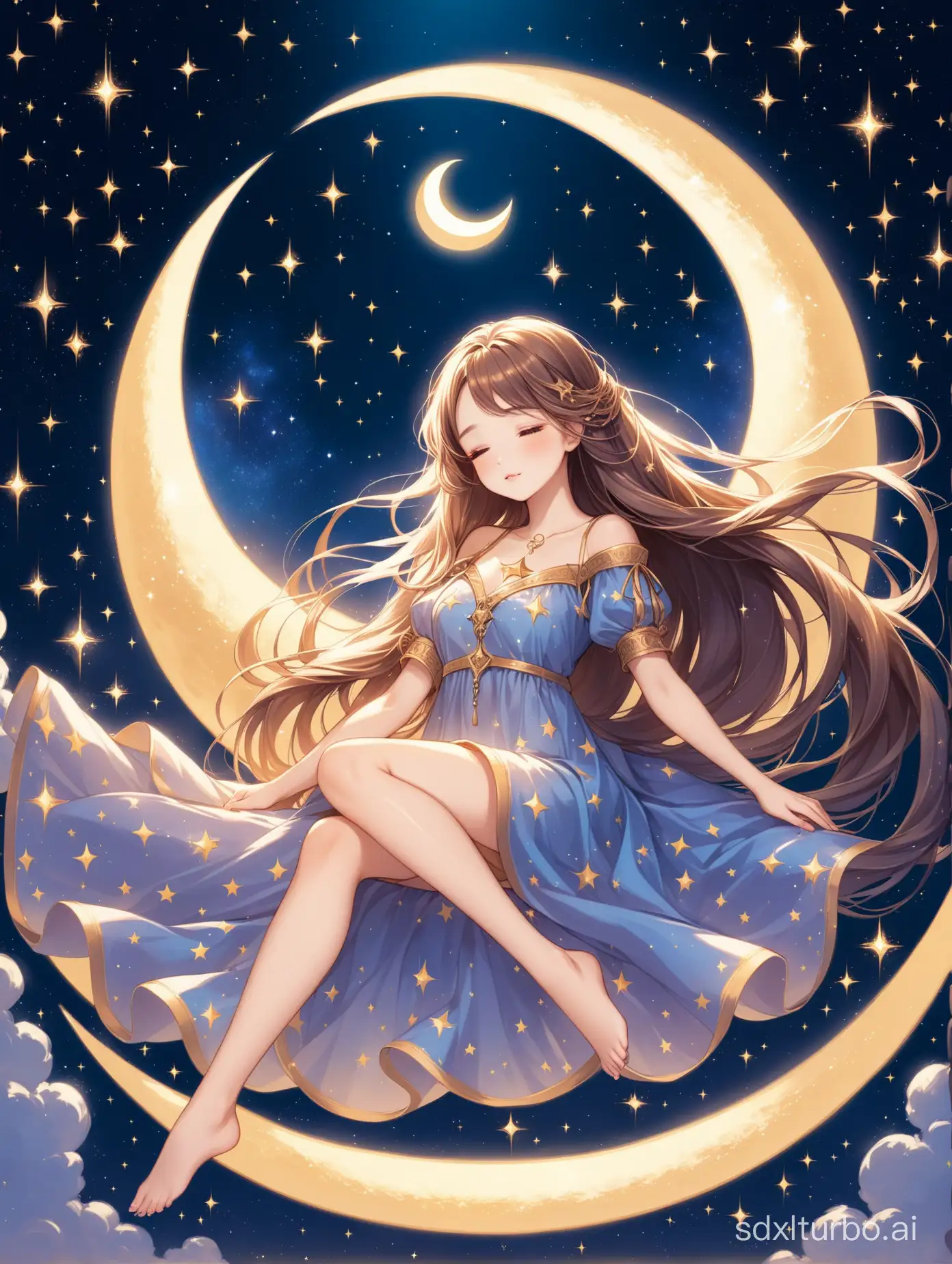 beautiful girl with long hair laying in the crest of the crescent moon