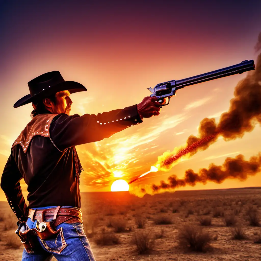 cowboy firing gun against a sunset sky
