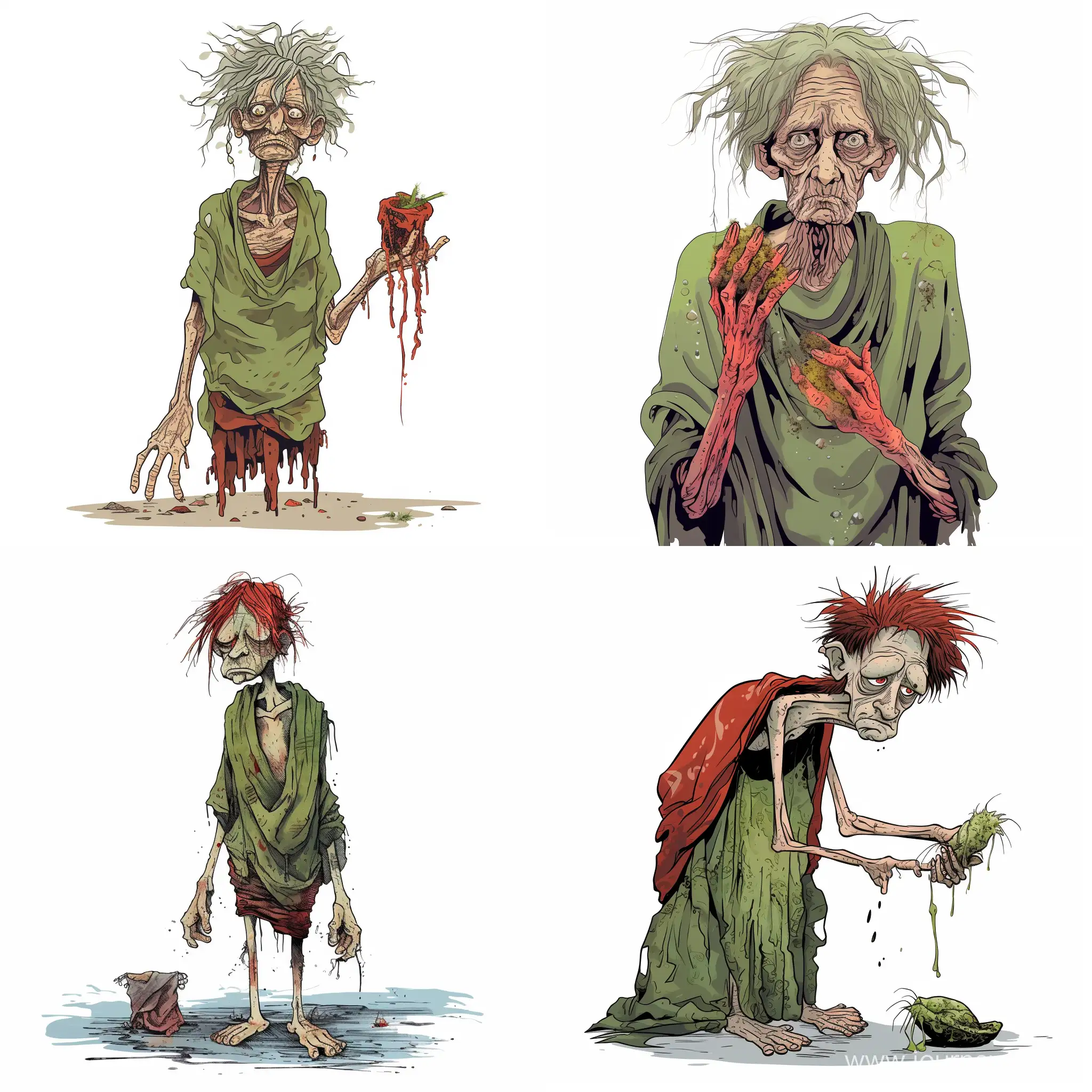 Skinny old woman with green skin, webbed fingers on her hands, with red shaggy hair, wearing tattered, dirty clothes, with seaweed sticking up, on a white background, cartoon style