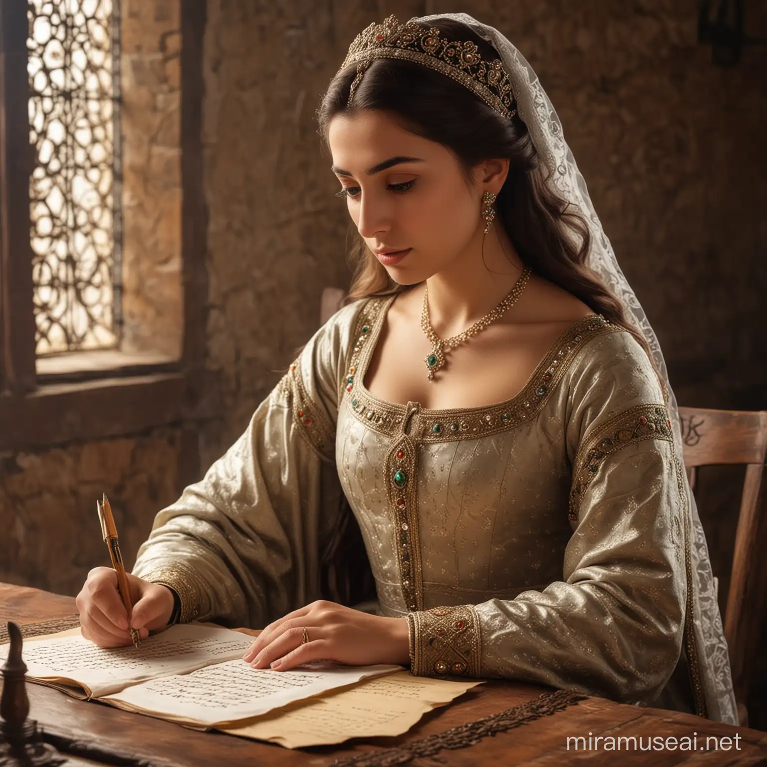 Generate a 12 century princes Nestani from Georgia, She is very beautiful. She is writing letter. And watching her letter how she is writing.
