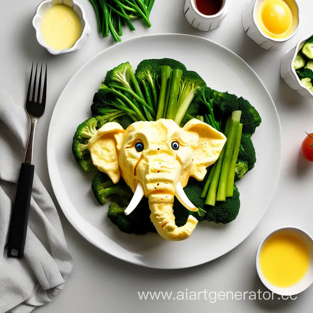 elephant face shaped scrambled egg in white plate with green vegetables