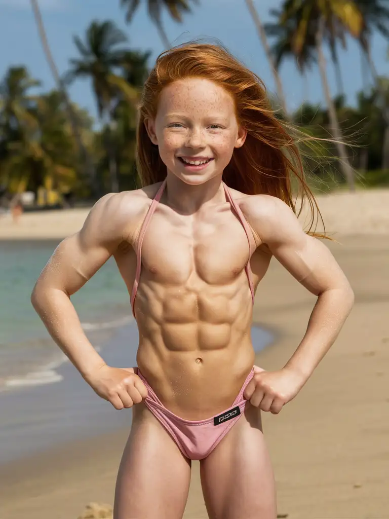 9 years old girl, long ginger hair, showing her very muscular abs, string tiny swimsuit, smile, at the beach