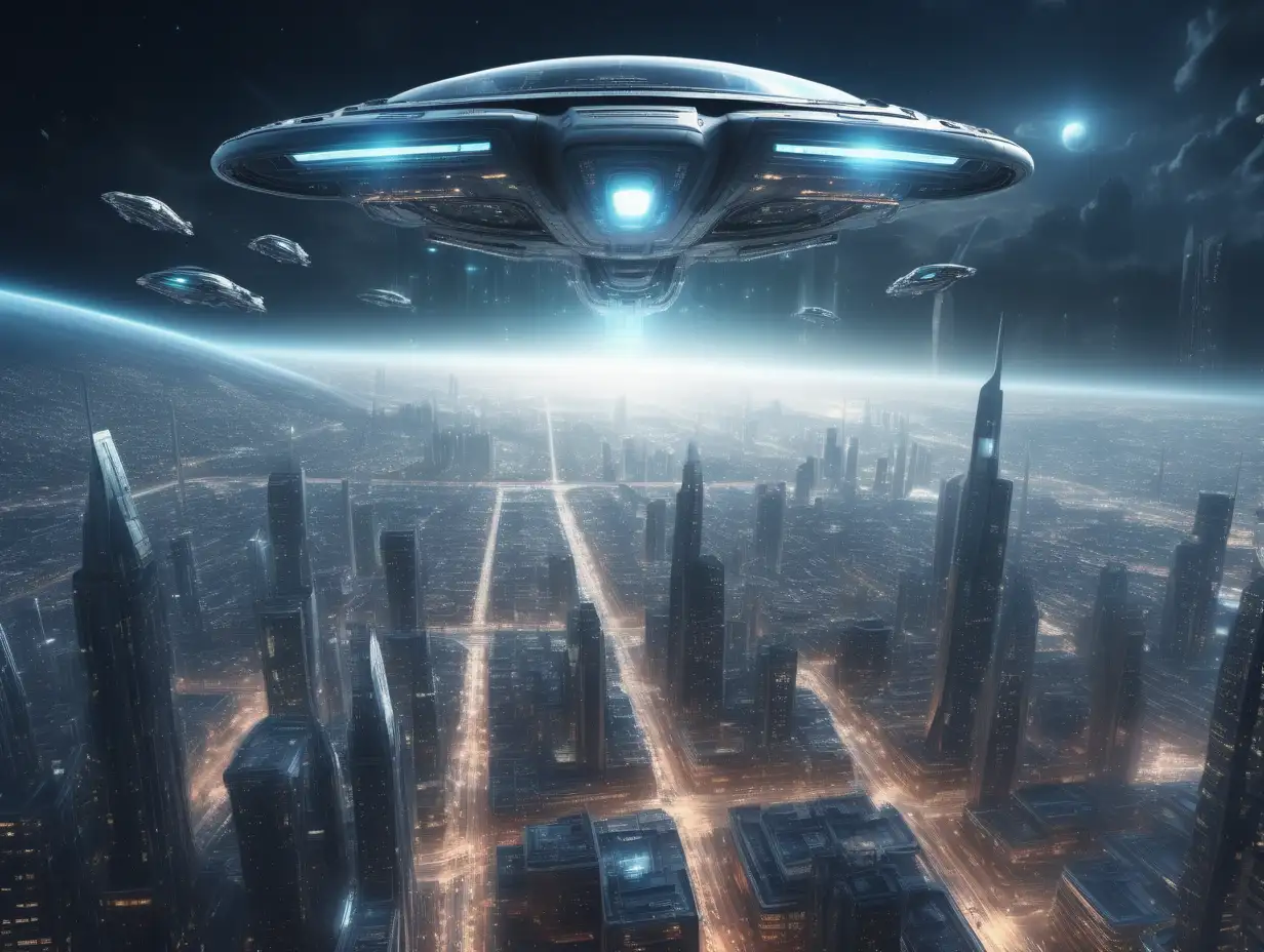 Futuristic Cityscape with Illuminated Spaceship