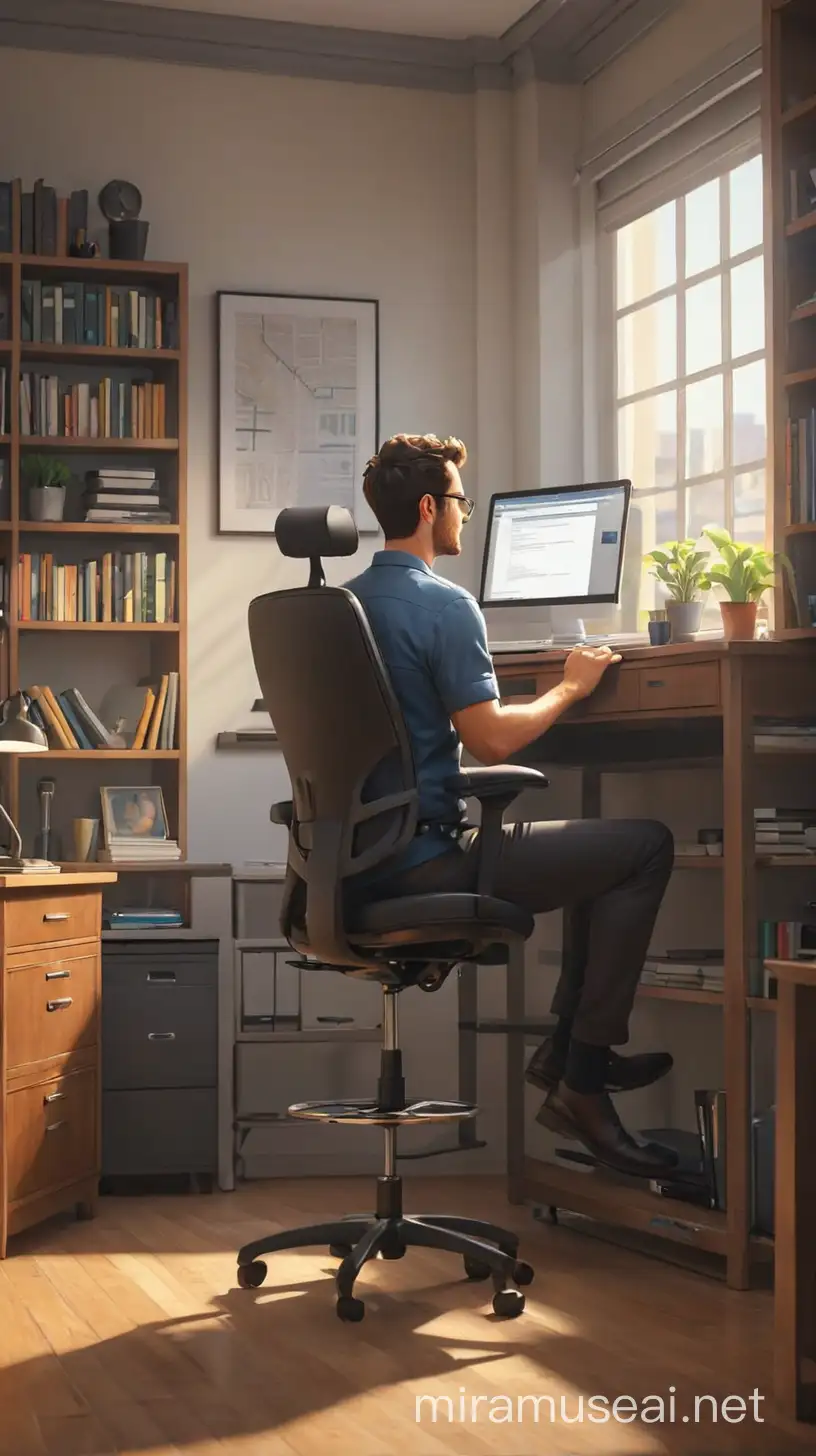 create an wide view illustration an office chair  in a very well lit room and  a  neat work desk, a laptop, dual monitors, bookshelf and a man on a chair 