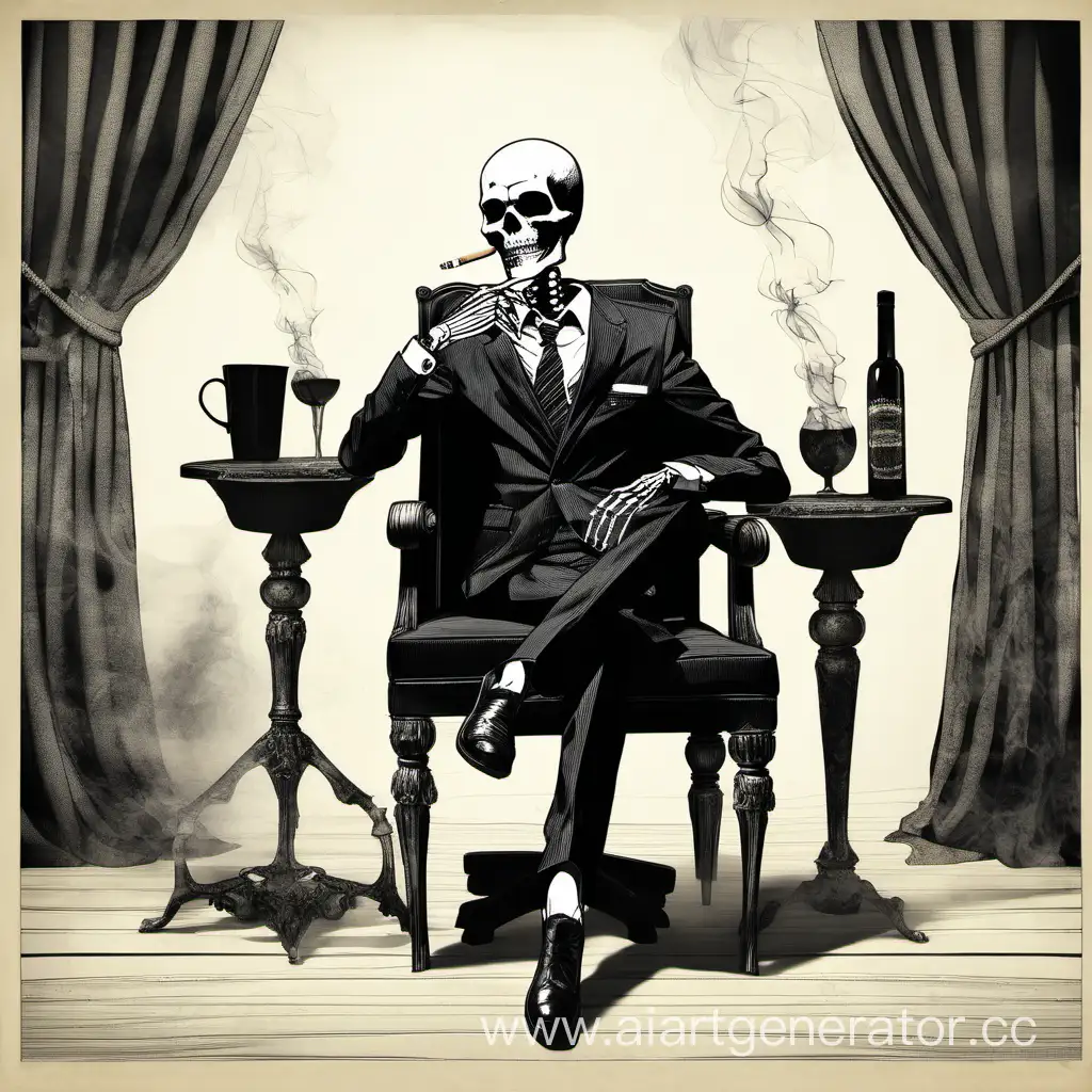 Skeleton in suit sit on chair and smoking sigare