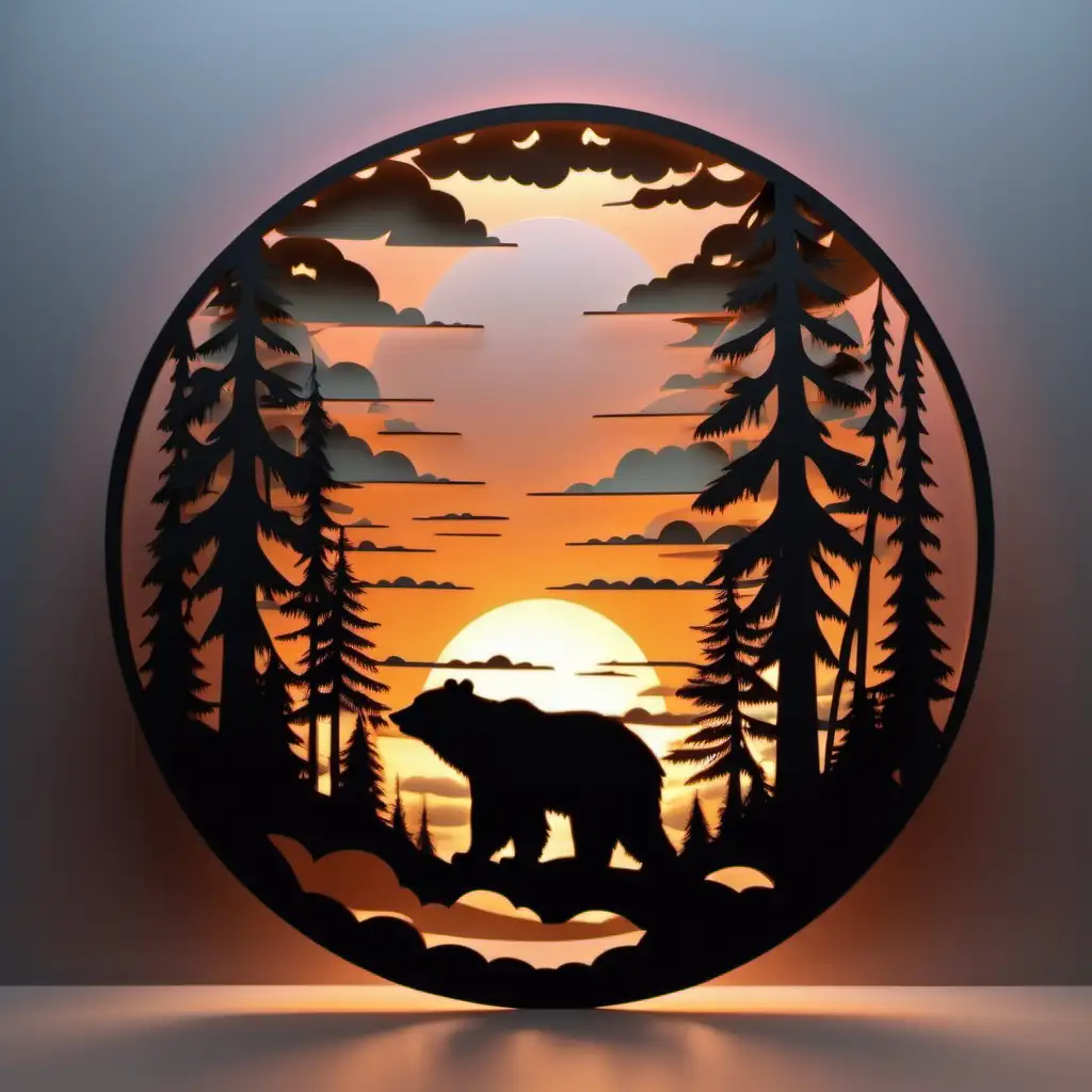 in a bear body; sunset silhouette, forest and clouds, multilayer design for laser cut,