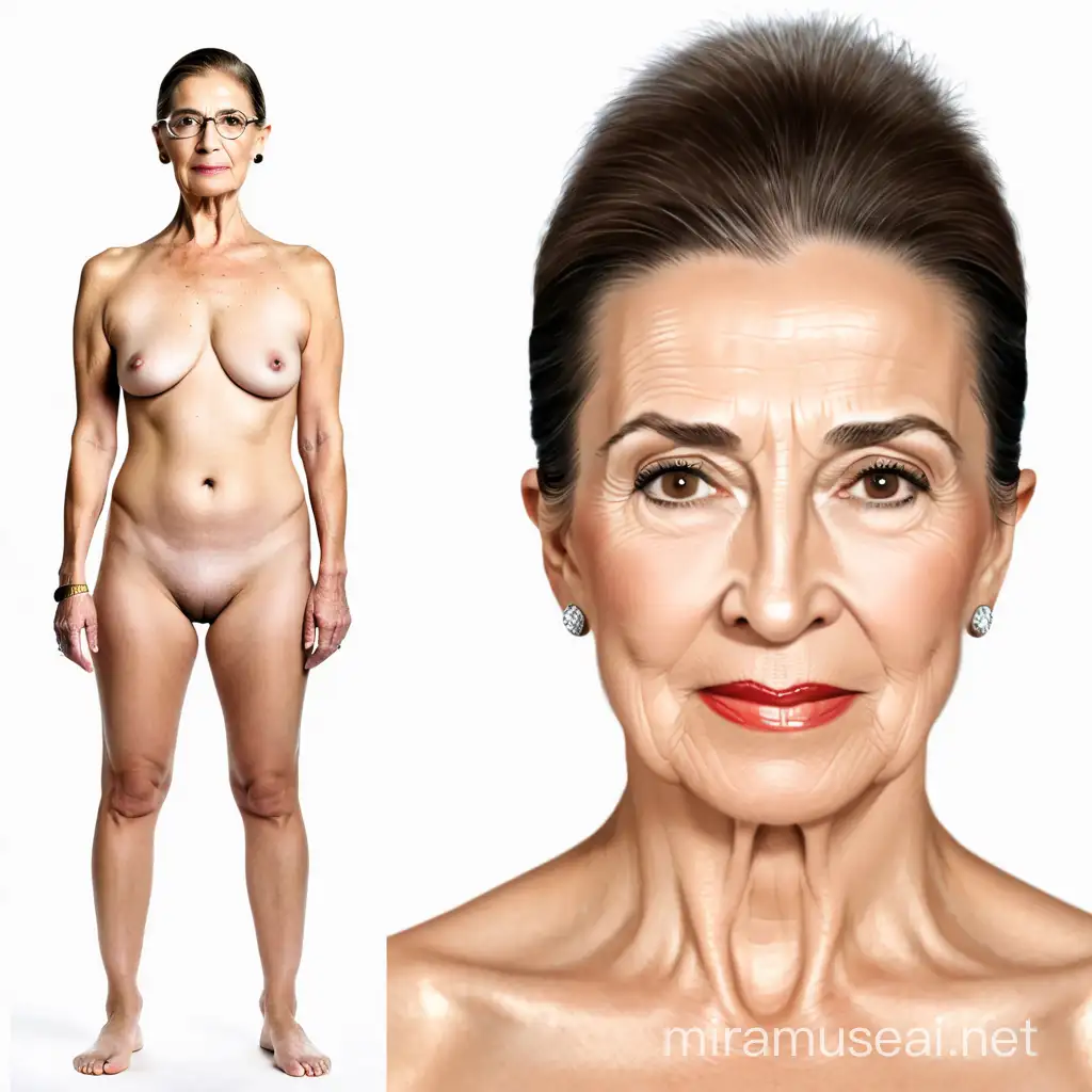 HD photo with very high sharpness, Ruth Bader Ginsburg, full frontal nudity, full figure in front full length view, amateur body, standing in t-pose, with wrinkles, cellulite and moles, hyperrealistic frontal view photo,a, on white background 8k
