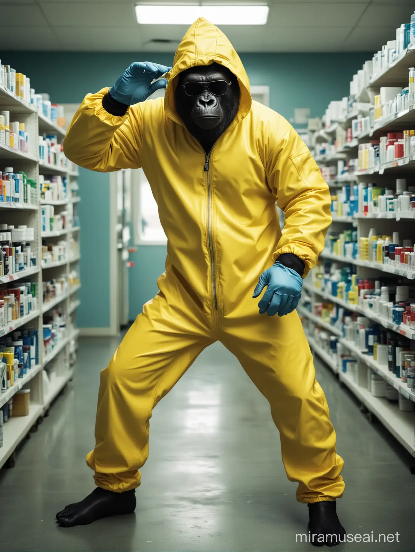 Gorila vestido con un mameluco amarillo como el de la serie Breaking Bad. Lleva gafas de sol oscuras de  marco negro. La capucha le cubre la cabeza y usa guantes de latex azul claro. Esta bailando en el medio de la farmacia rodeado de medicamentos. Estilo fotografico
