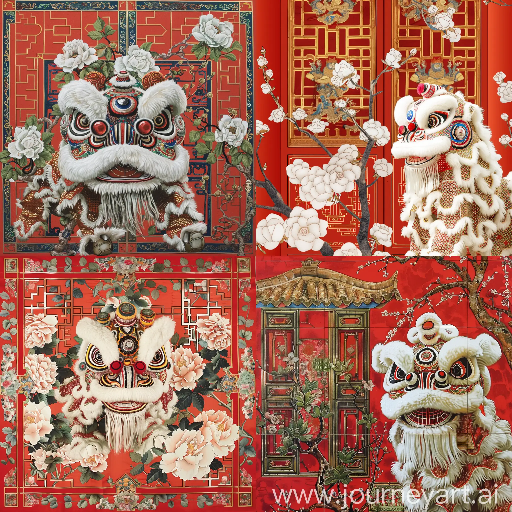 Cotton-Flowers-and-Lion-Dance-Traditional-Guang-Embroidery-with-Manchurian-Windows-in-Vibrant-Red