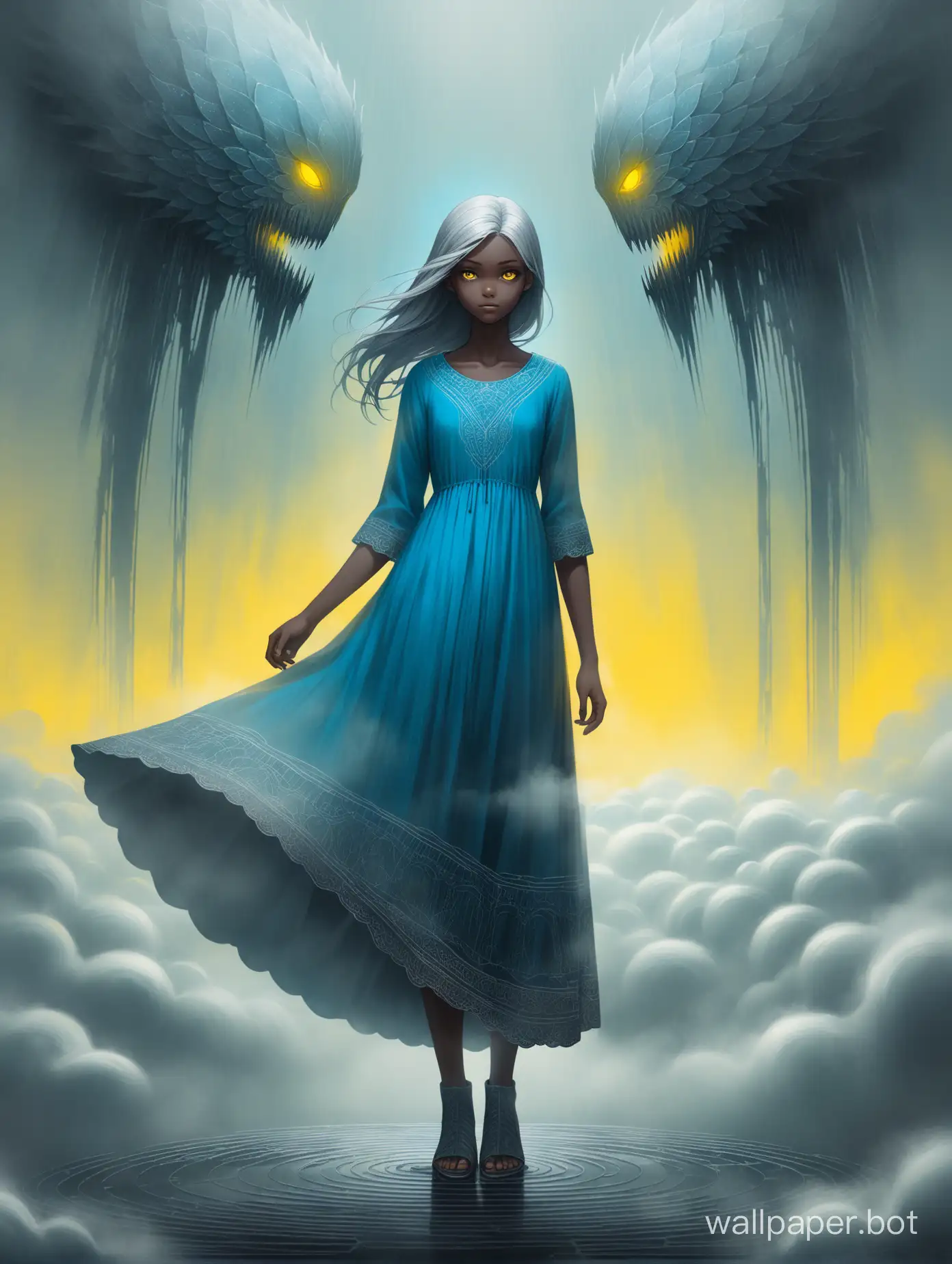 atmosphere, Gabriel Pacheco style, yellow background in a foggy cloud, dark girl 15 years old, big clear blue eyes, gray hair braided, long loose dress with sewing at the bottom, intricate details, octane, bright 3D illustration, clear, bold brush strokes, height - 3/4