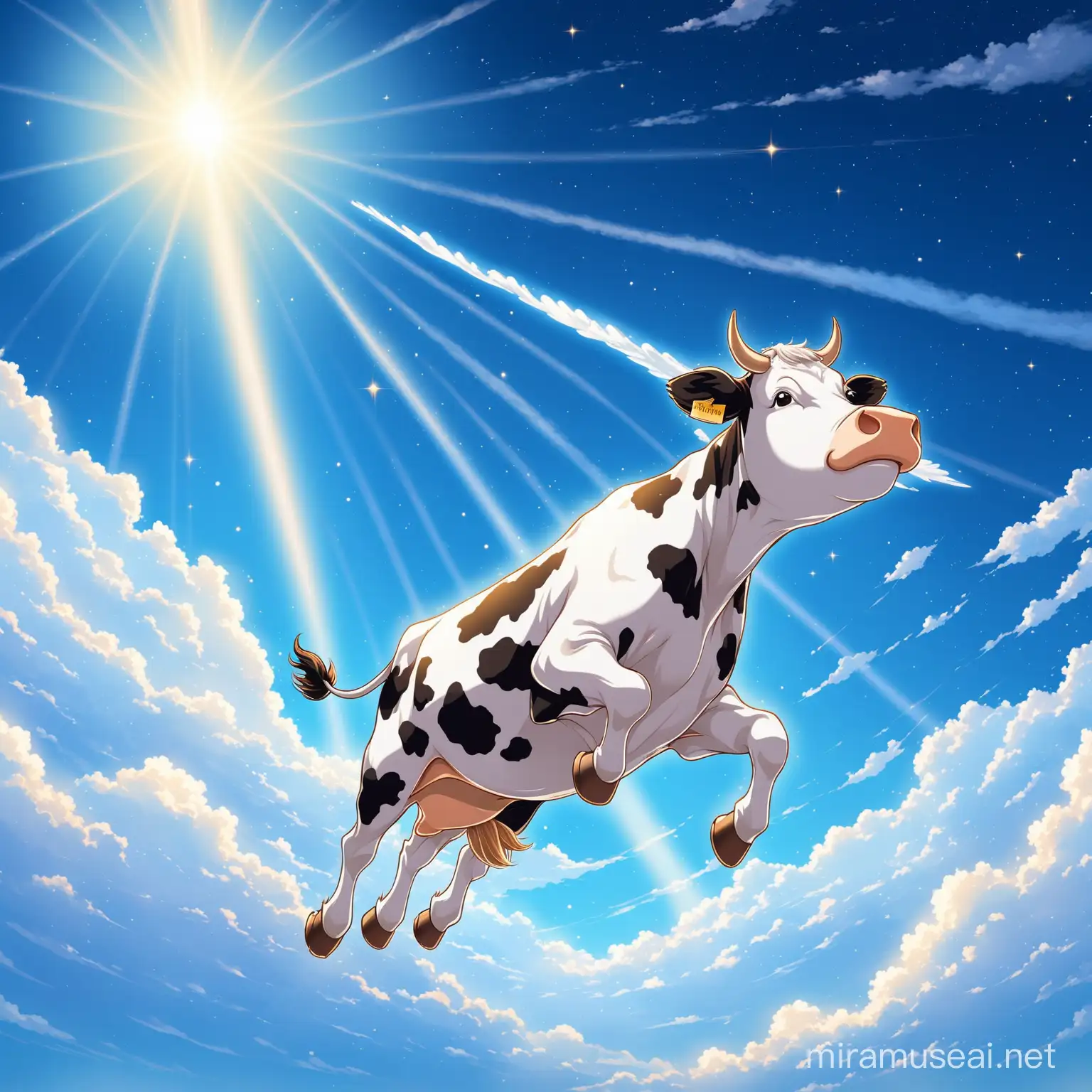 Flying Cow in Celestial Skies Surreal Art of Bovine Flight