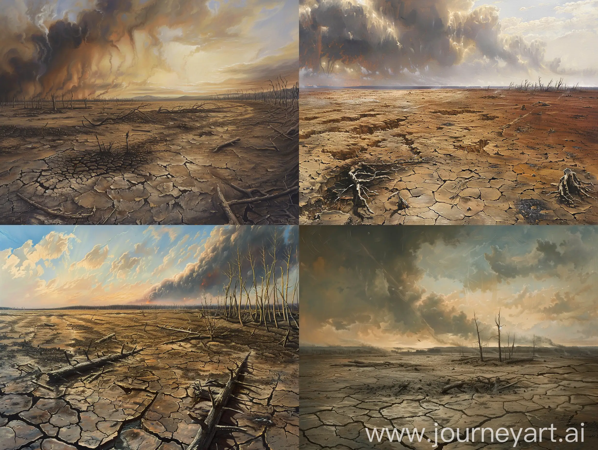 painting, high detail, realistic, A barren landscape with cracked earth, charred remnants of trees, and a distant horizon filled with ominous smoke.