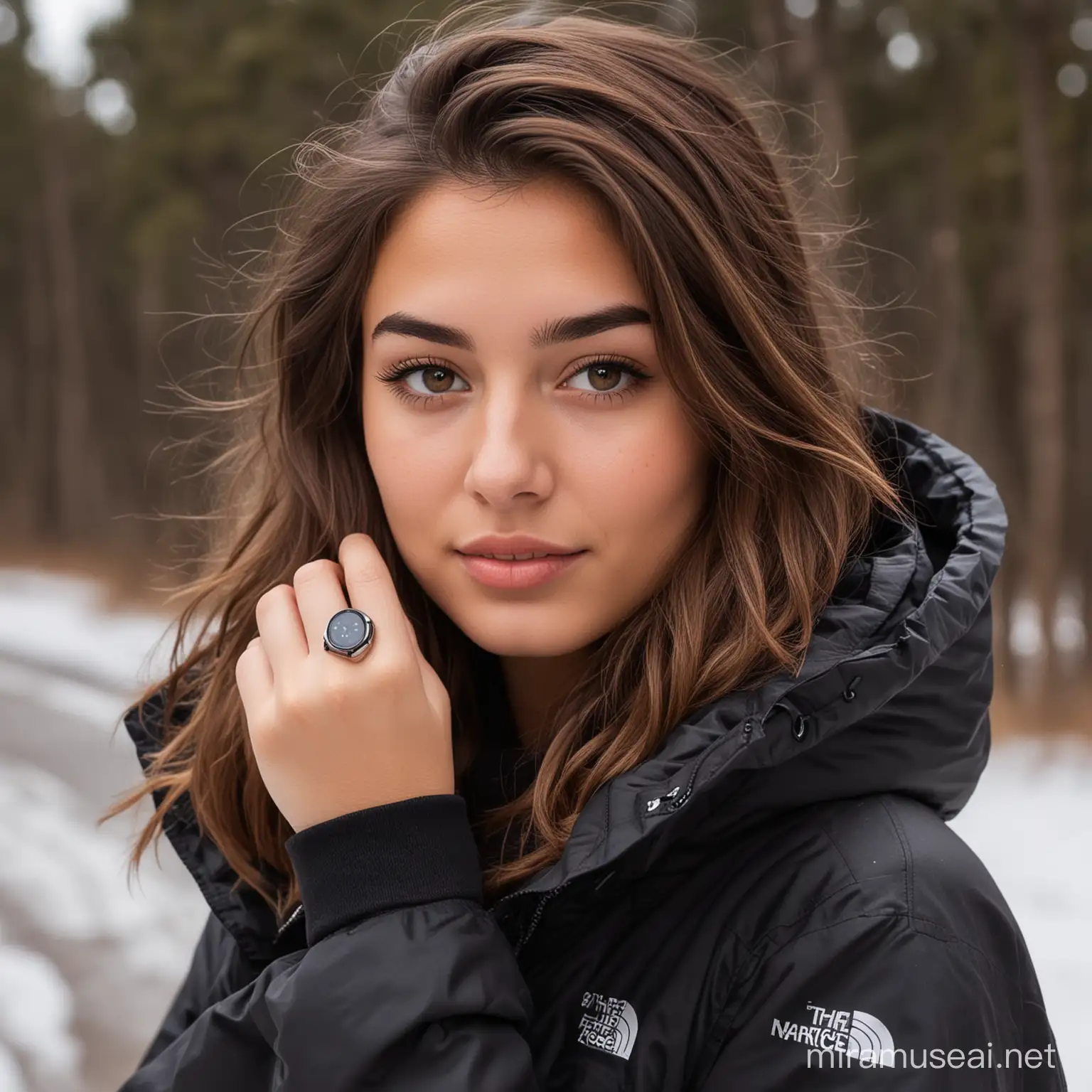 Beautiful 21 year old woman with brown hair and brown eyes wearing a black The North Face parka and an Apple Watch