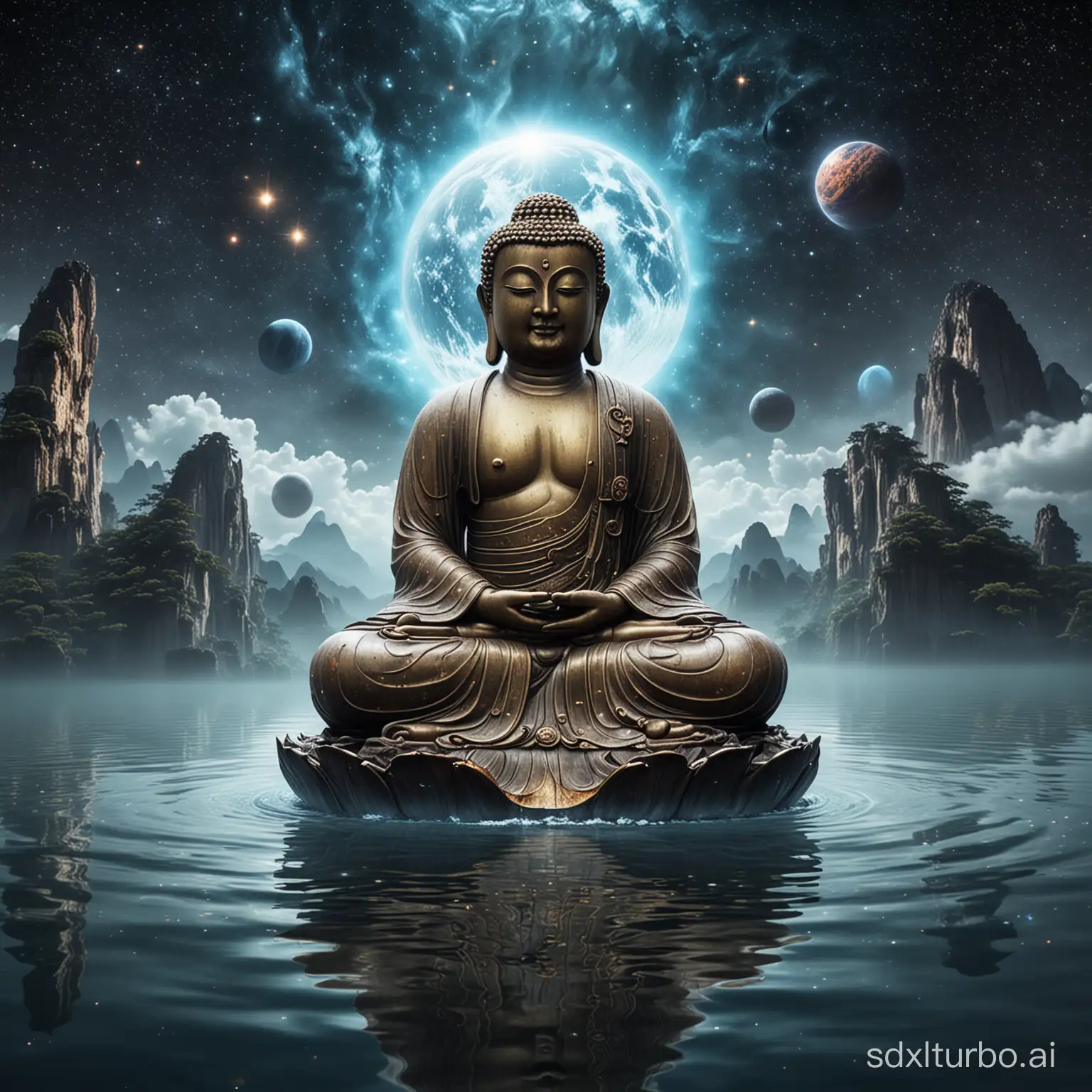 A Chinese Buddha sitting in the water, with a cosmic planet in the background.