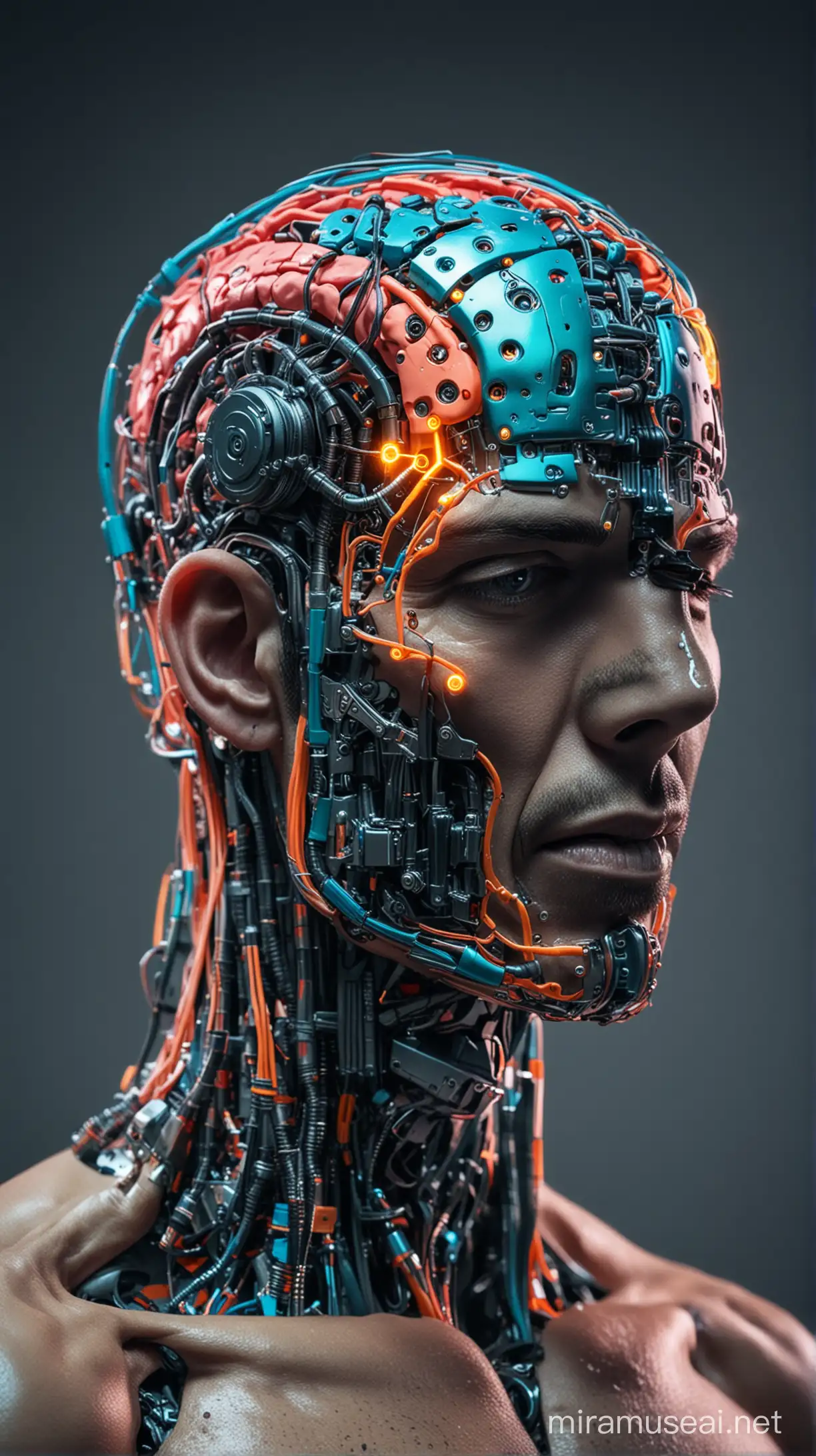 un cerveau robotique sur un corps d'homme ,avec du métal sur le visage, couleur néon