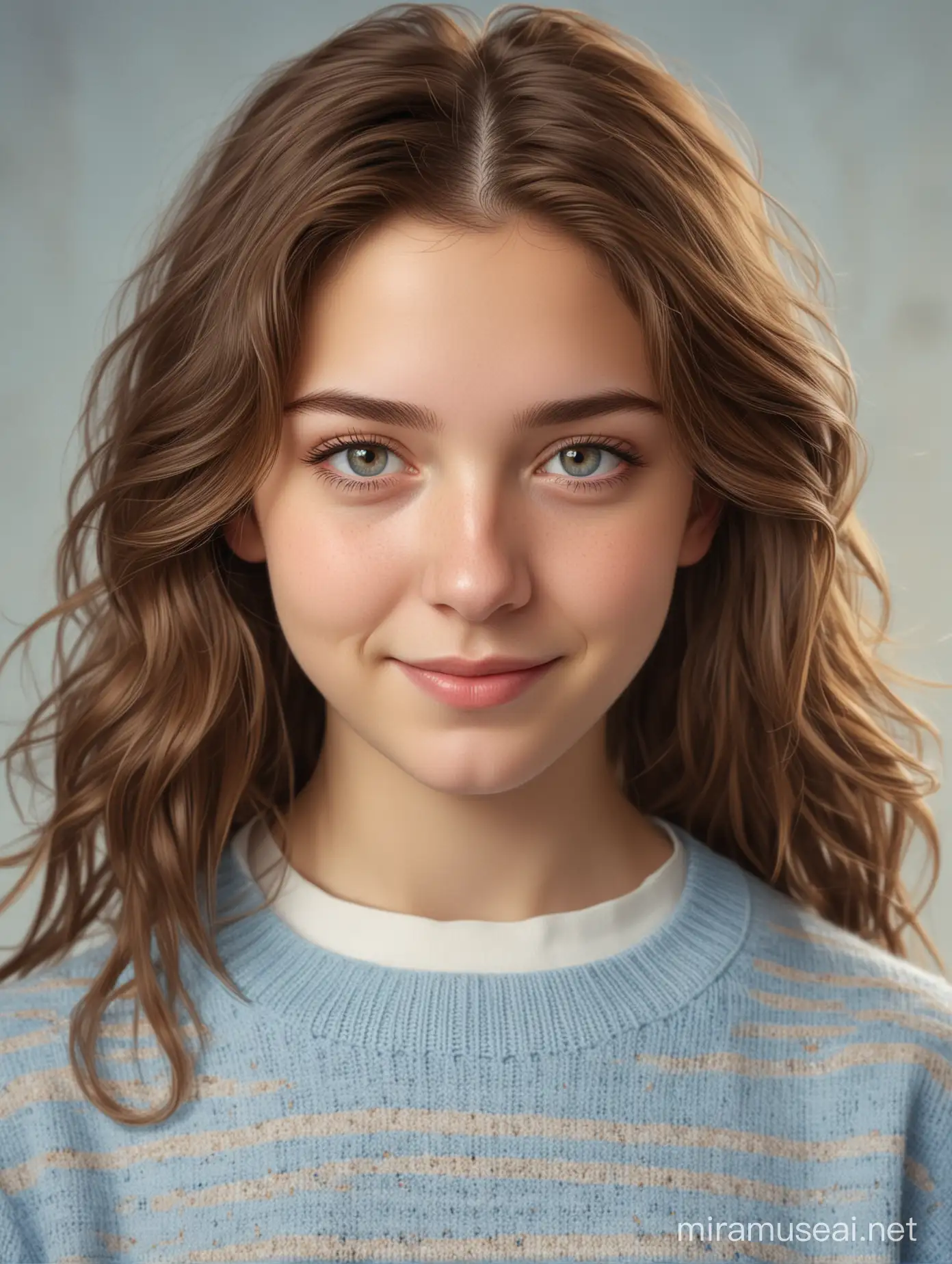 Create an ultra-realistic portrait of a teenage girl with medium-length wavy brown hair. She has fair skin and expressive hazel eyes. Her expression is calm and slightly smiling, looking directly at the viewer. The girl is wearing a light blue sweater with subtle patterns. The background is softly blurred, with a warm, neutral color palette to highlight her features. The lighting should be soft and natural, creating a gentle, serene ambiance in the portrait