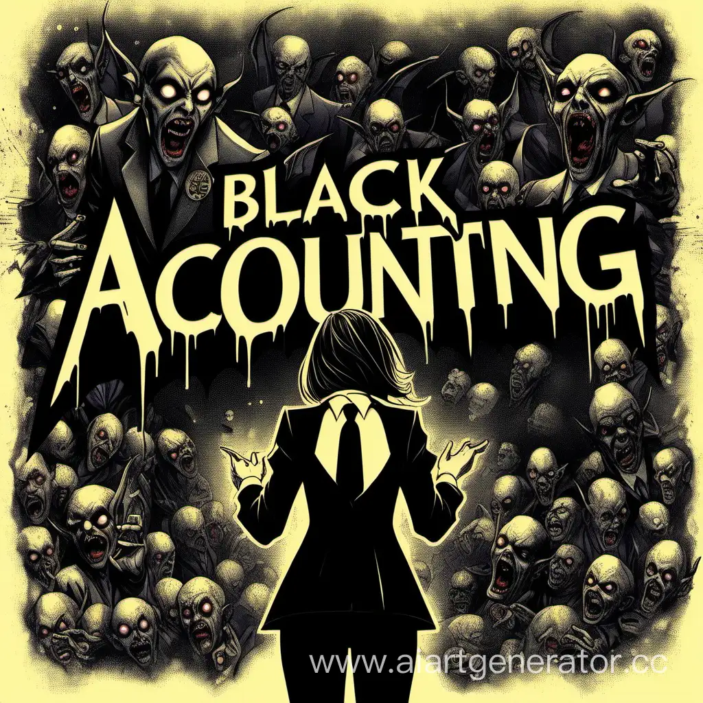 Обложка текст черным  "Black Accounting" 
капли крови канцелярская папка 
Женщина спиной в деловом костюме. Терзают черти, демоны , демоны. 
музыка, деньги хоррор готика
