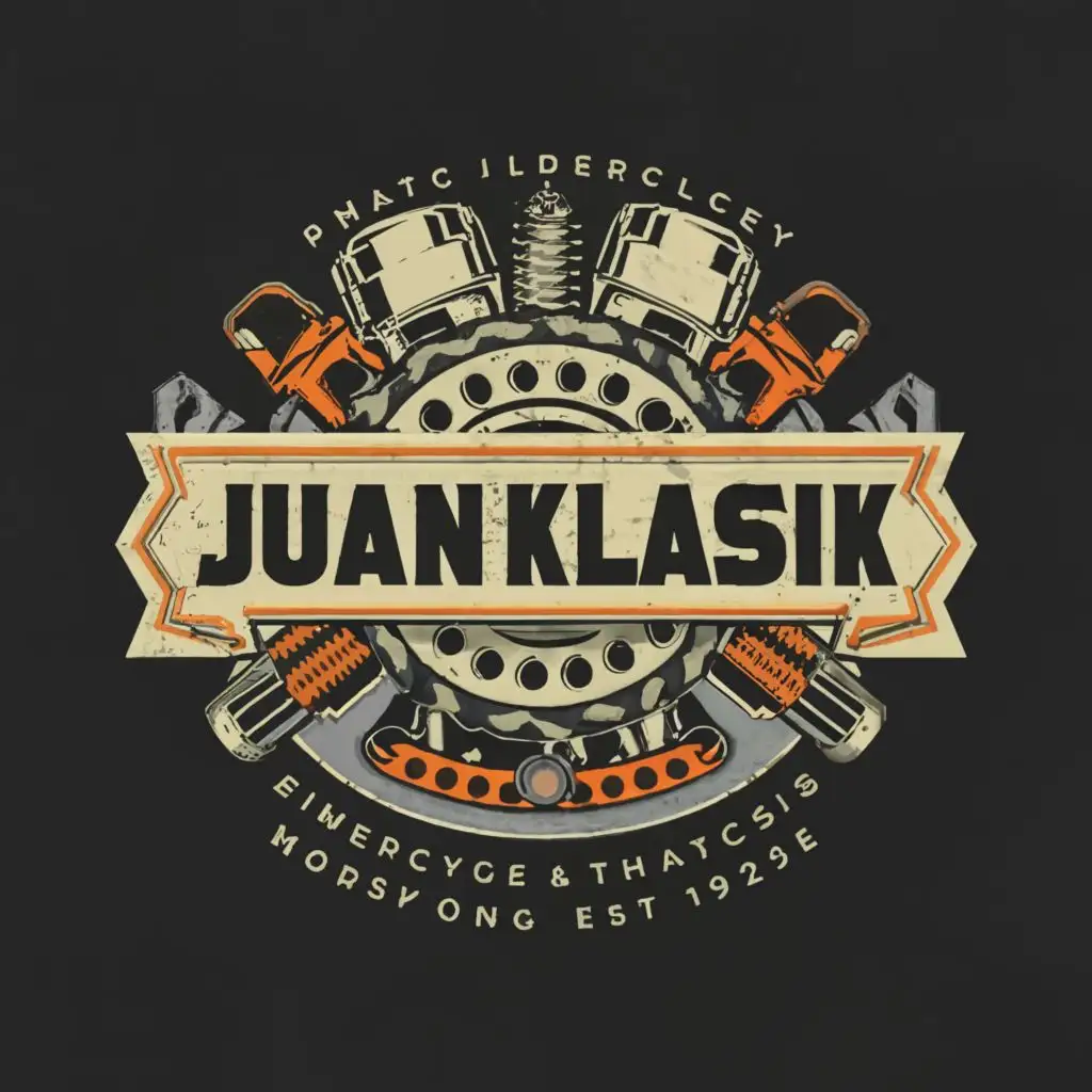 a logo design,with the text "Juan Klasik", main symbol:Classic Motorcycle parts,complex,be used in Travel industry,clear background