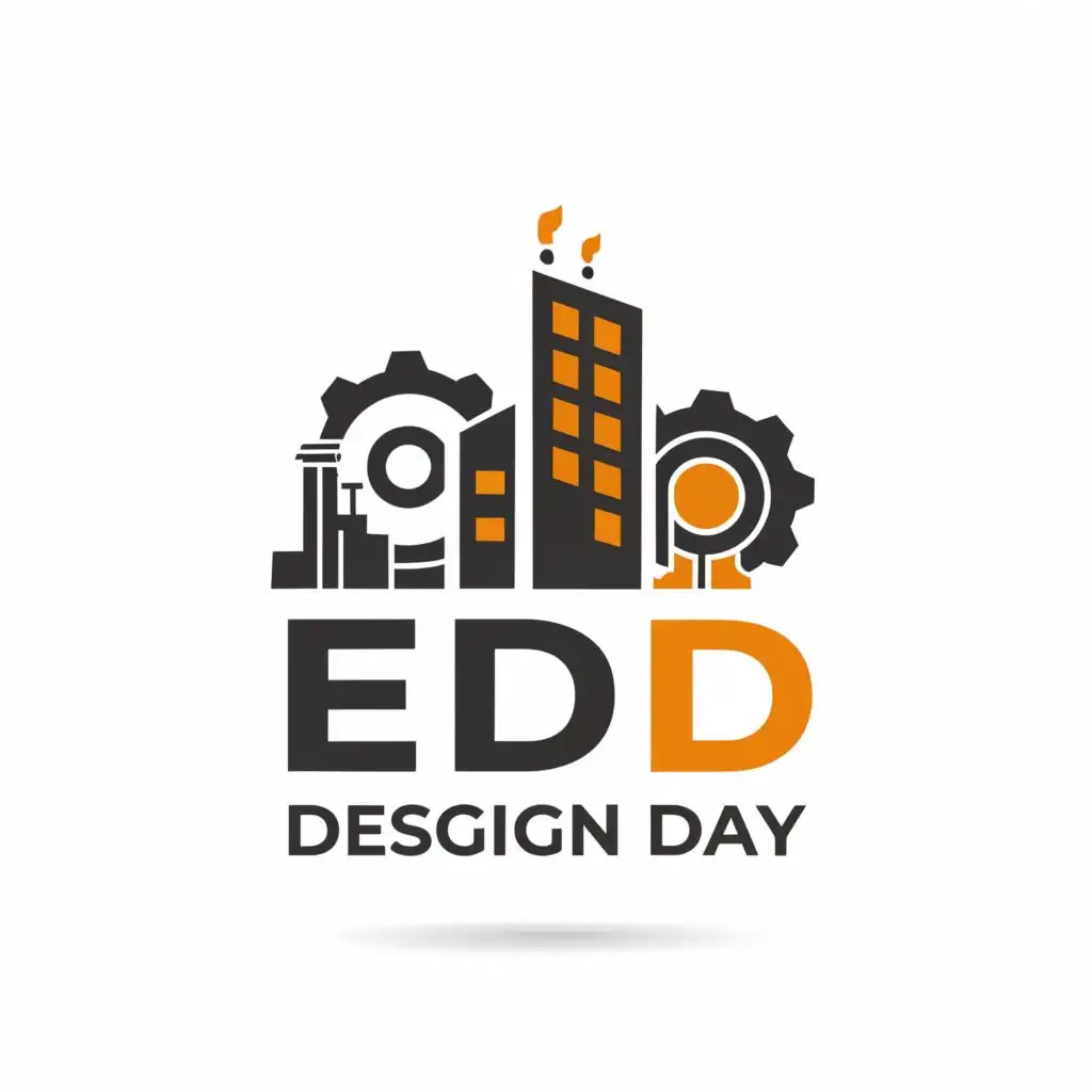a logo design, with the text 'Engineering Design Day', main symbol: buildings, Oil Pump, oil refinery, Mechanical Gear with Letter EDD, Moderate, be used in Events industry, clear background just use orange and balck color