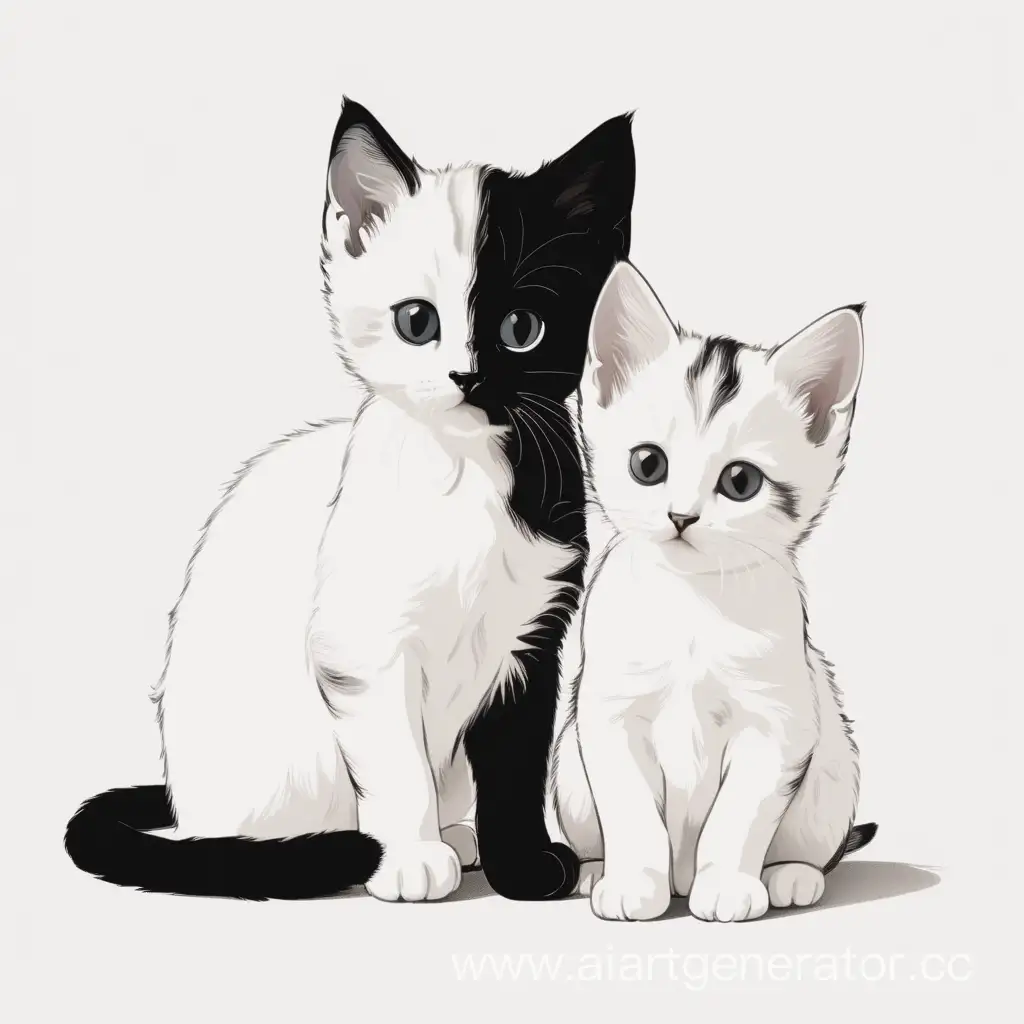 two kittens, one white and the other black, in a minimalist drawing, sit next to each other.