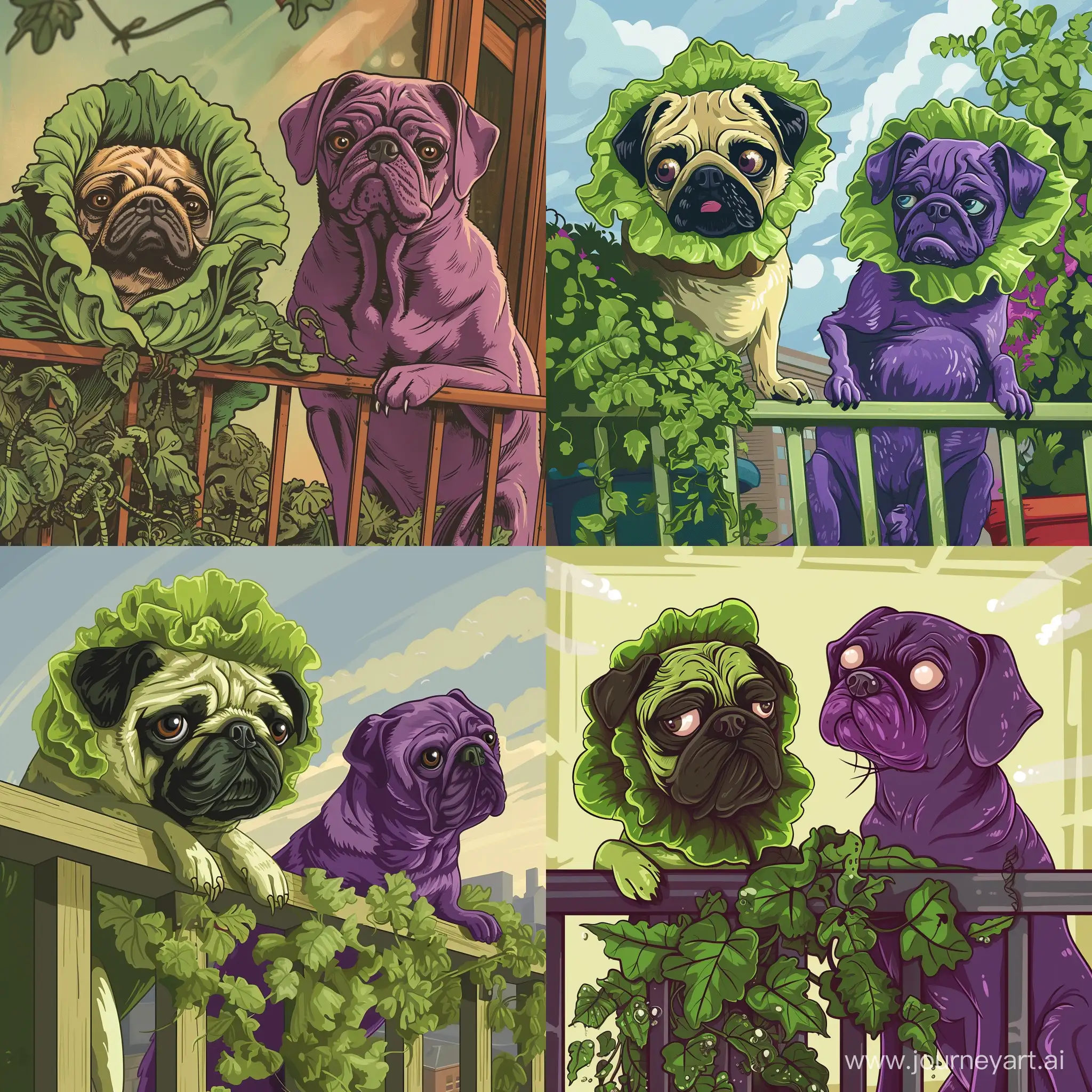 grumpy green lettuce pug dog, with purple greyhound, on the balcony, illustration, plants