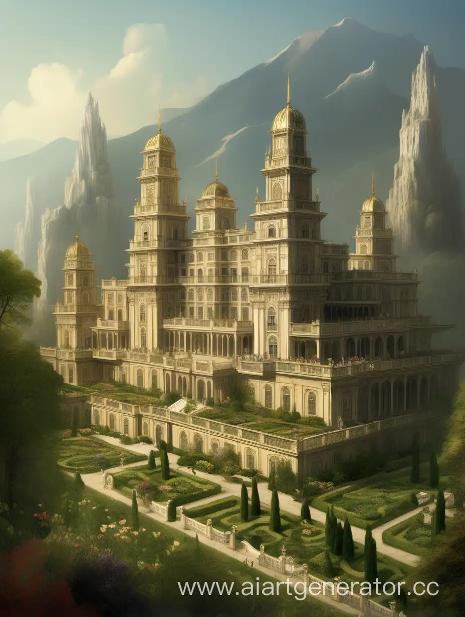  дворец, с башнями и садом 
, у подножия горы