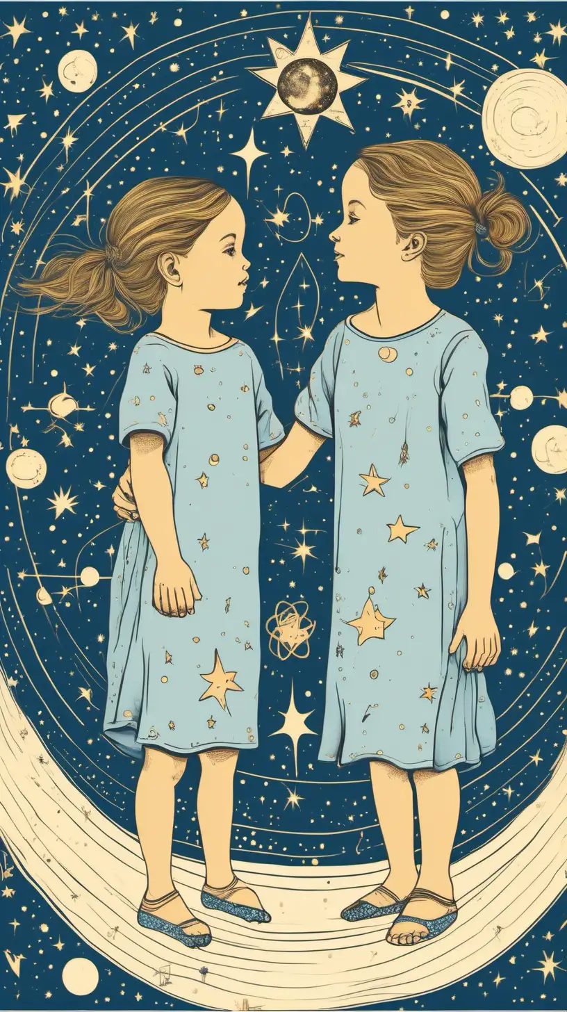 Illustrate twin childs with their mother and dougter in a room, with different astrological symbols , representing celestial influences shaping their lives.  baby blue
