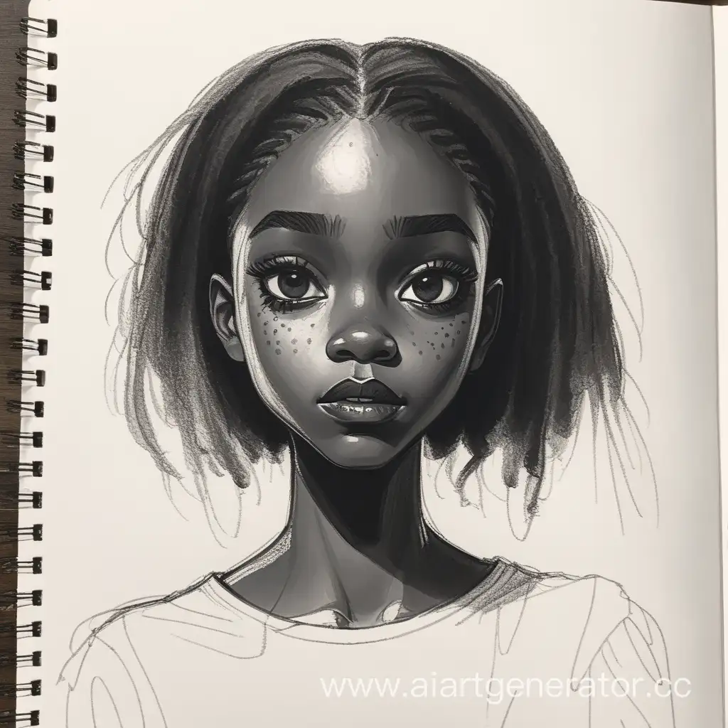 A dark-skinned girl with black eyes in the style of sketchbook sketches