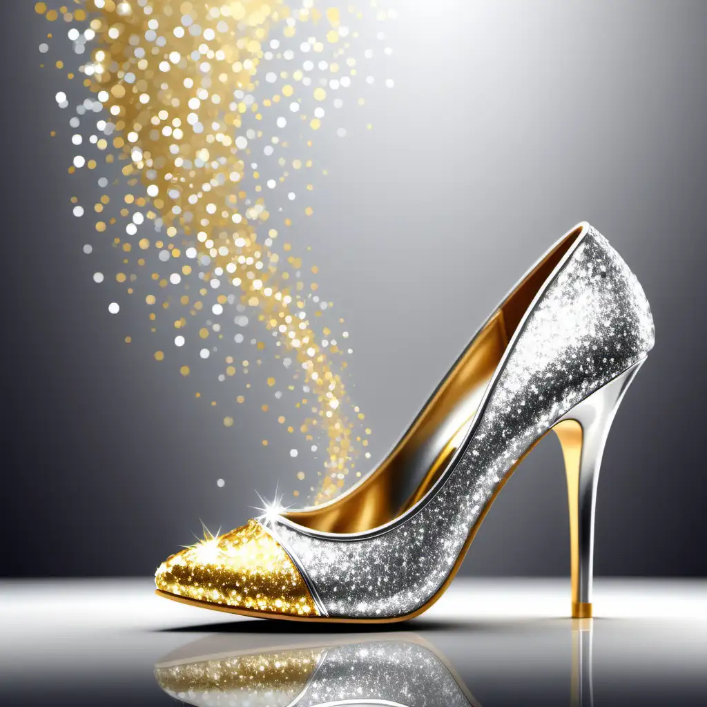 silver and gold background, silver glitter high heel shoe
