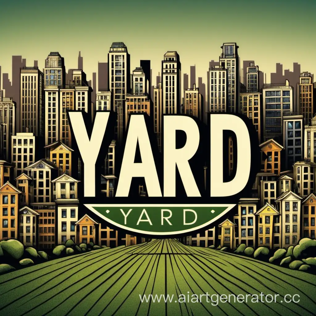 YARD лого с фоном из домов в мегаполисе
