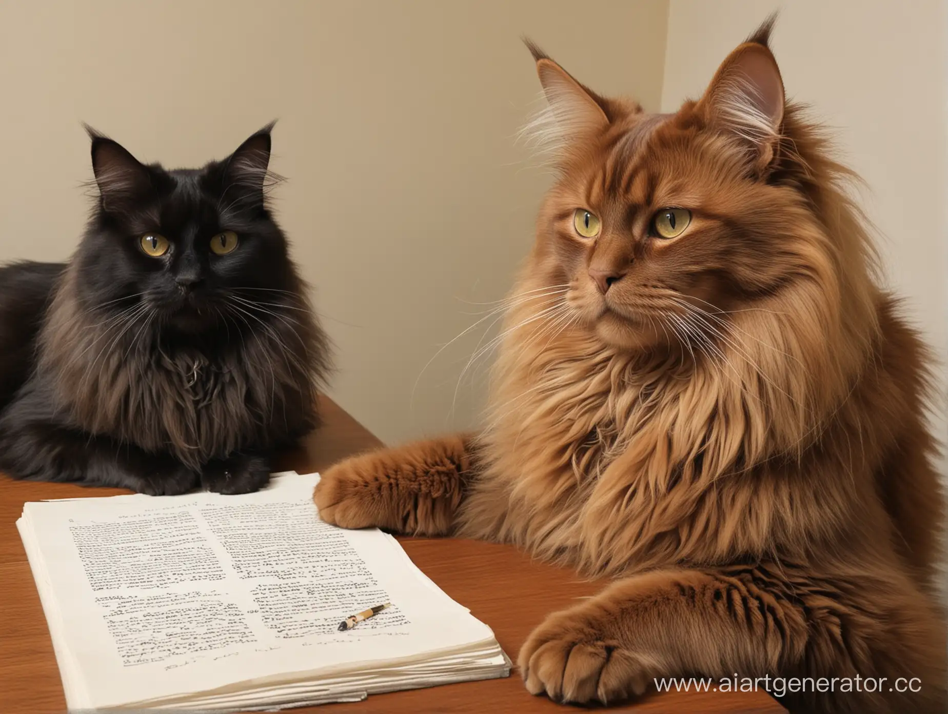 1 fluffy black cat; 1 spectacled red Maine Coon working on a manuscript