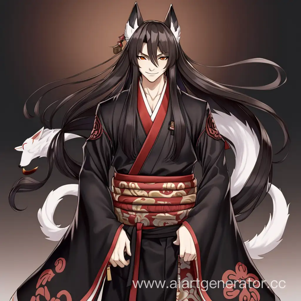 Onmyouji,men,Kitsune,Smile,brunette,in full height,dark brown eyes,Long dark hair