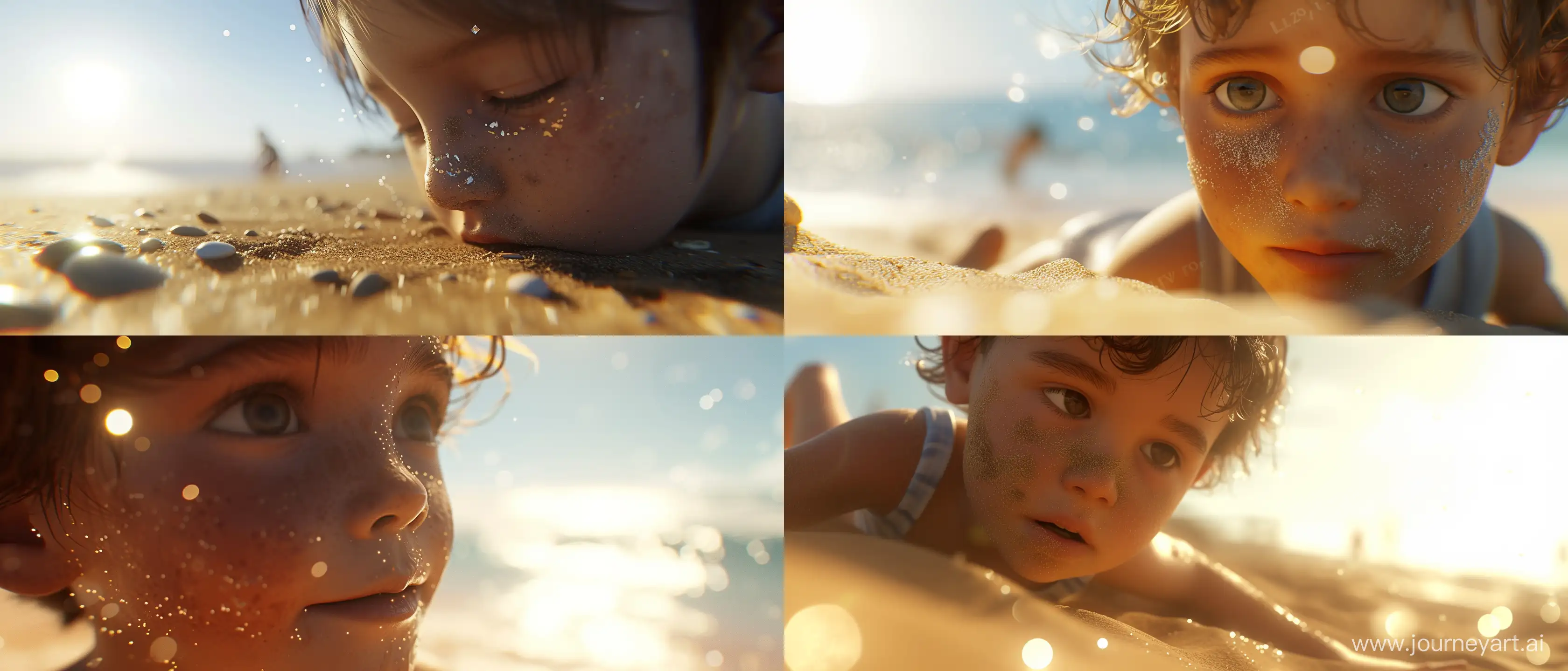 close-up on the character's face or very close-up on the object if applicable, "child playing on the beach"; sunny day; using all the graphic, lighting, design and scenery techniques of the most hyper-realistic and current animations of the last generation; Ray tracing at an absurd and exaggerated level; 32k; absurd details; advanced mirroring techniques; better CGI; advanced blurring techniques in some specific points; advanced lighting techniques; cinematic style; Blurred background; small points of light throughout the image; every part of the image with the maximum absurd detail possible in 32k quality; --ar 21:9 --v 6.0