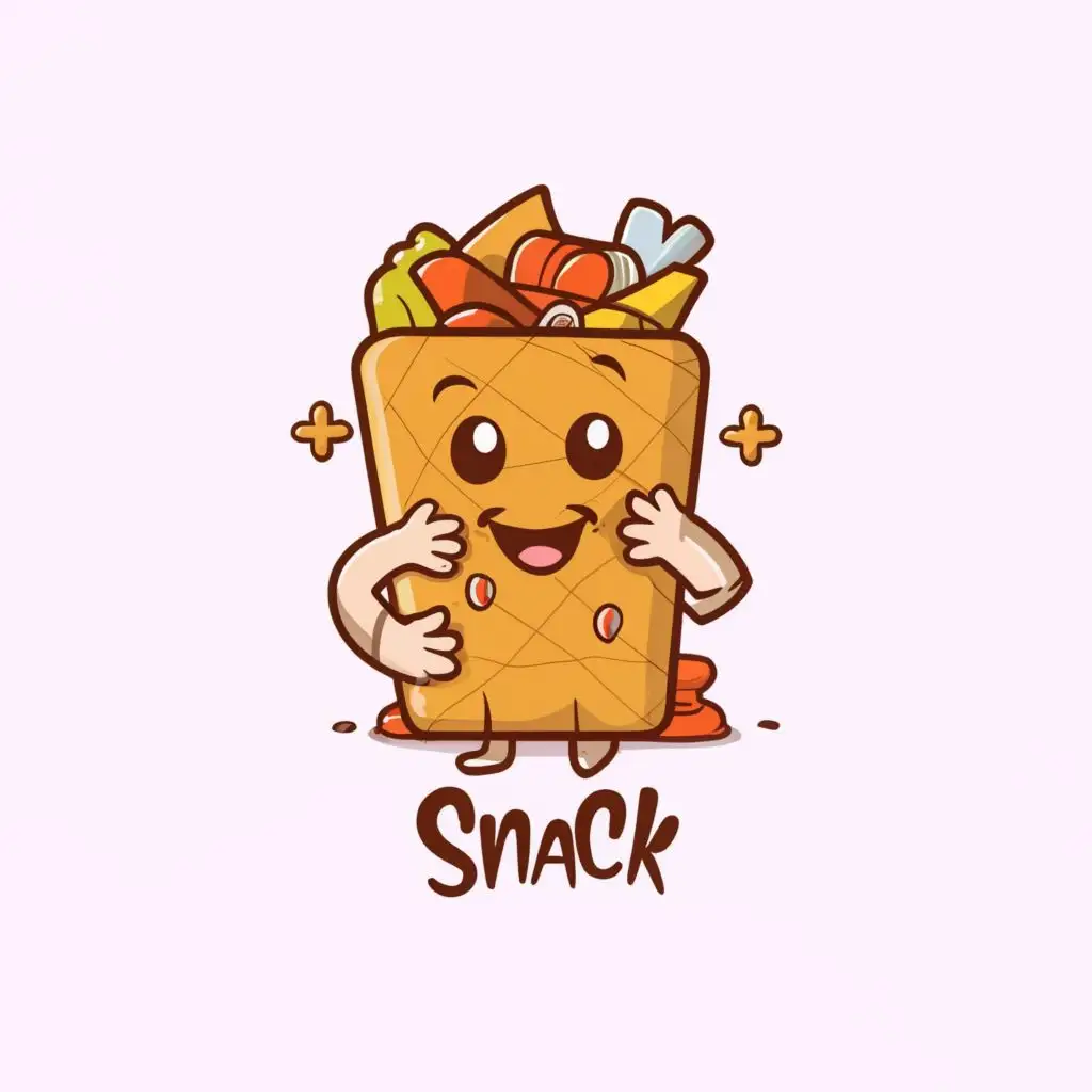 logo, Snack, packaging, cute, adult, colorful, playful, modern, whimsical, vibrant, detailed, glossy, cheerful, holding, smiling, standing, studio, bright, light, cartoonish, illustration, with the text "Snack", typography