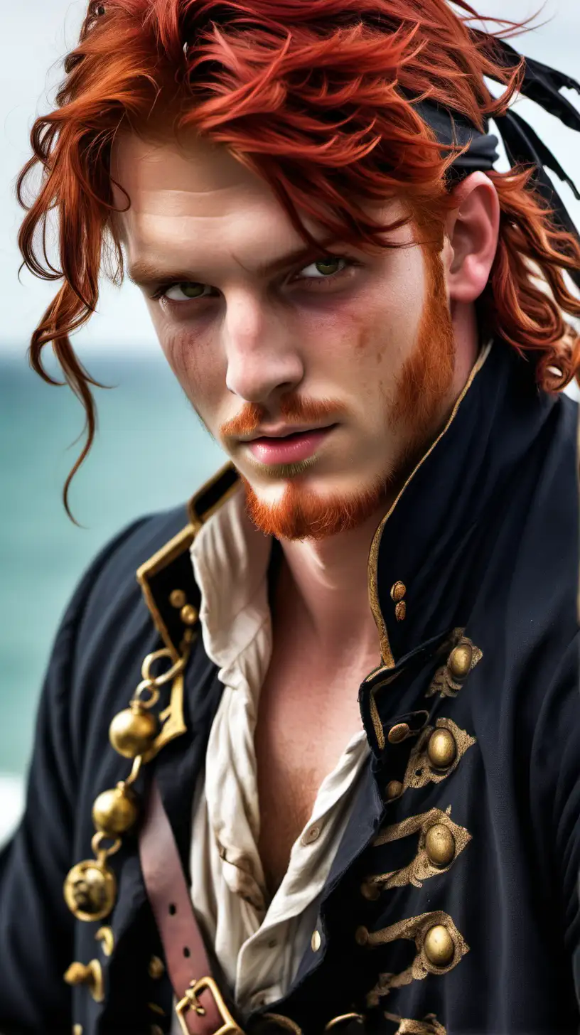 handsome young man, pirate clothing, hazel eyes, messy red hair, no beard