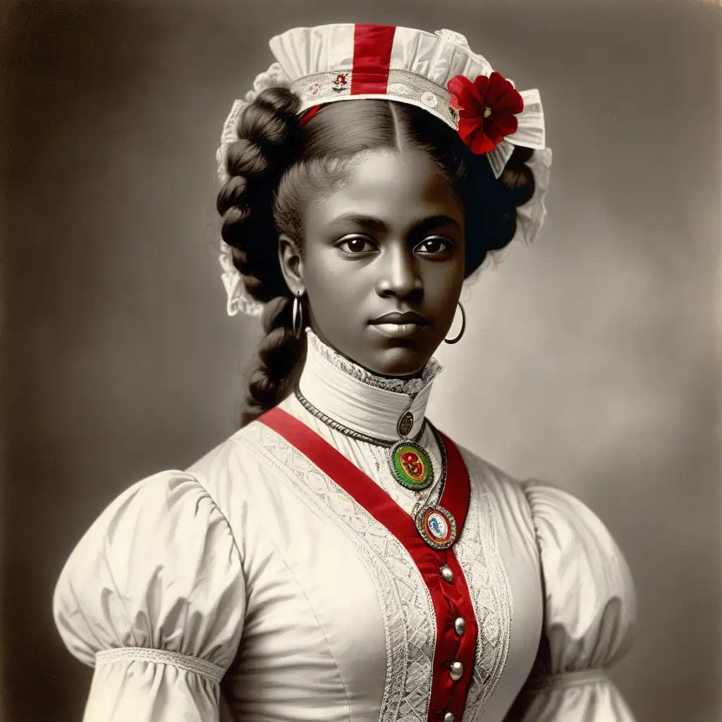 young black beautiful 30 year old woman, in the year 1874, she is part of an eastern star organization, wearing the colors all white with accents of red, yellow, green and blue