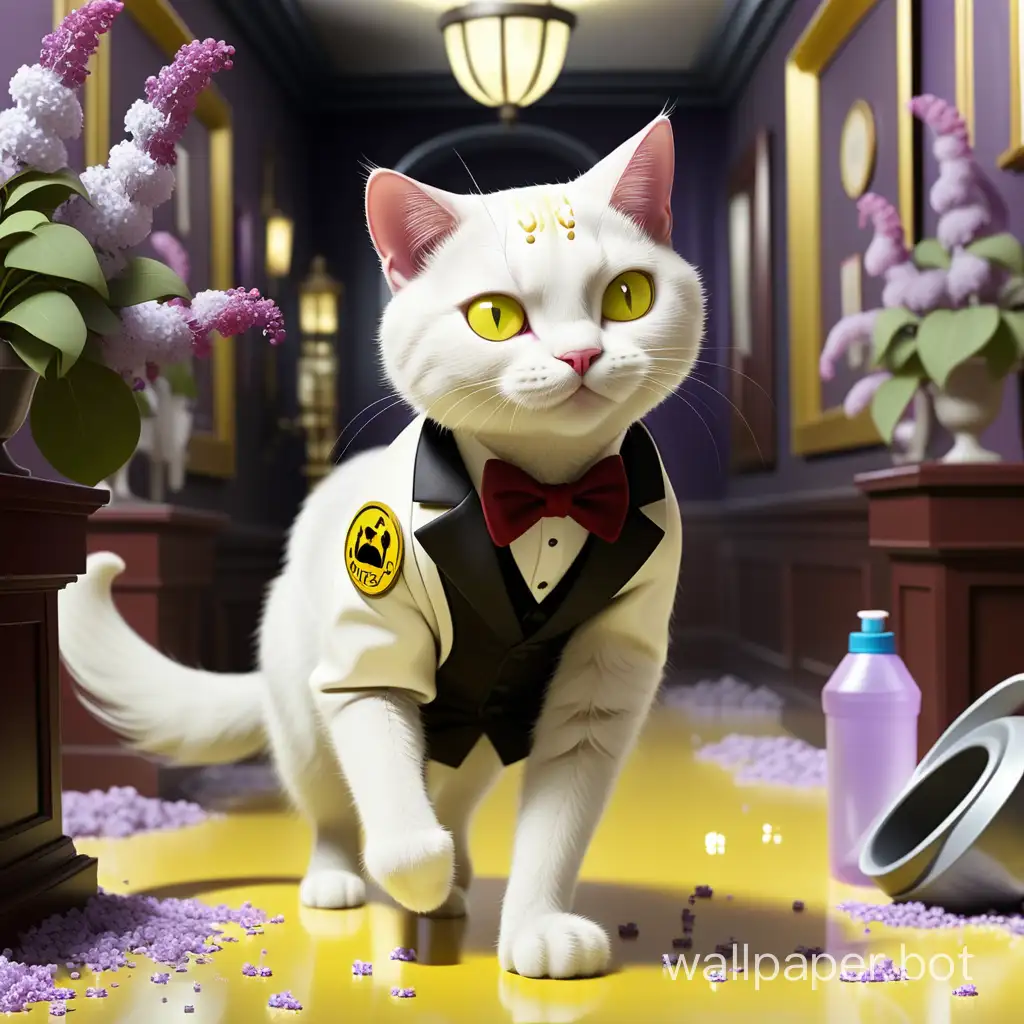 White Cat, in TRASH BUSTER attire, in a tailcoat, with lots of lilacs growing on the floor, walks through a beautiful room, leaving a sparkling floor behind. In hand, a spray bottle, yellow with a red trigger, with the logo on the bottle saying Trash Buster.