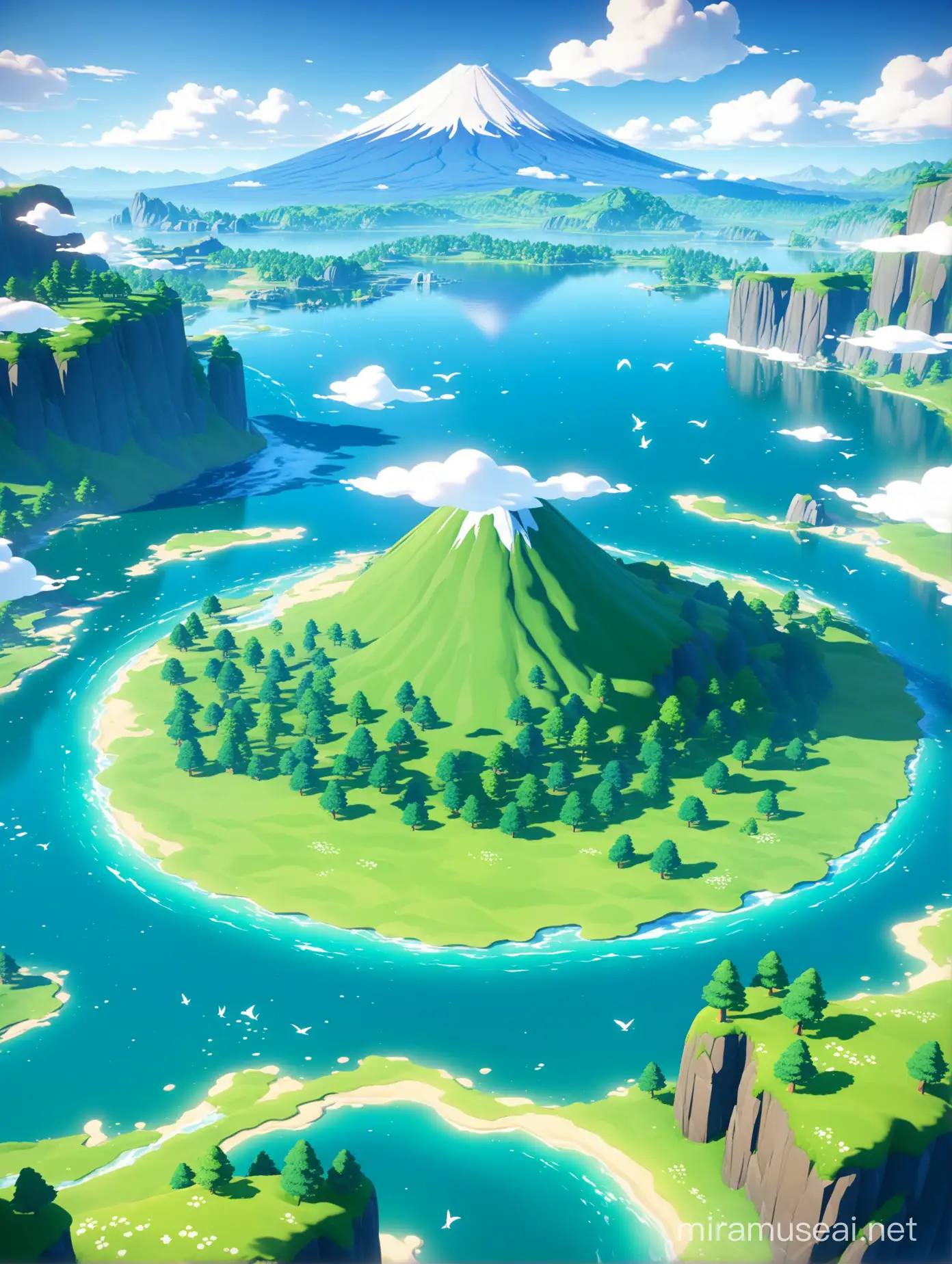 create an image with an art style like the animation in the game Genshin Impact, which uses unreal engine technology, namely a landscape image of a vast grassland, there are cliffs full of green grass, and as far as the eye can see there is a blue lake, and there is Mount Fuji which is beautiful with ice at the top, there are seagulls flying in the sky, and the sky is clear, cloudy. 3D animation, super detailed, 4k, extremely high definition