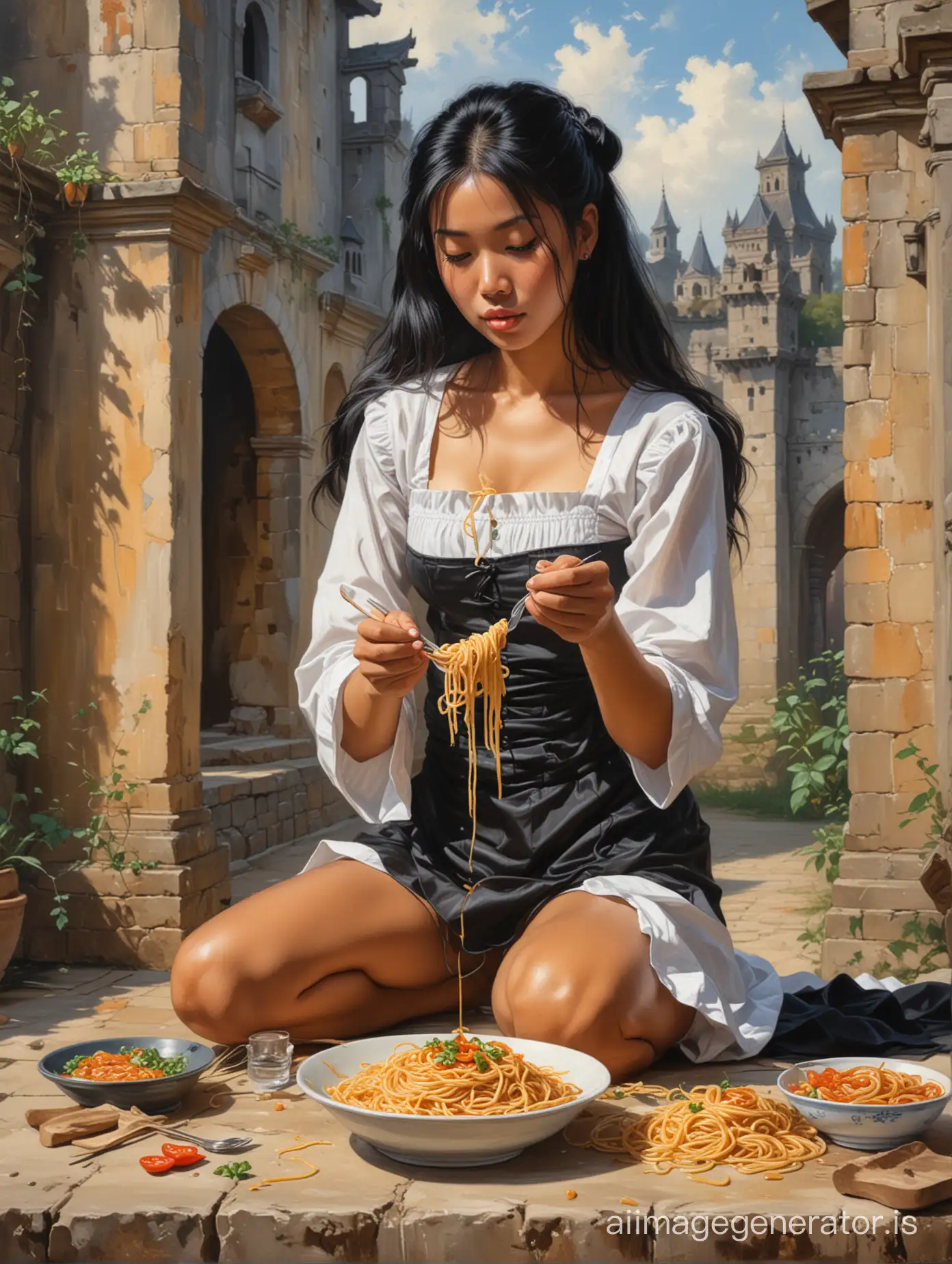 An oil painting of a beautiful tanned Vietnamese maid with long black hair and small breasts eating spaghetti in a castle