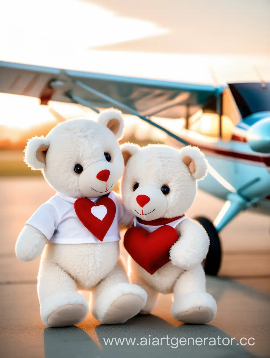 Фотосессия пары влюбленных милых белых мишек на фоне самолета Cessna 172. Мишка девочка и мишка мальчик 