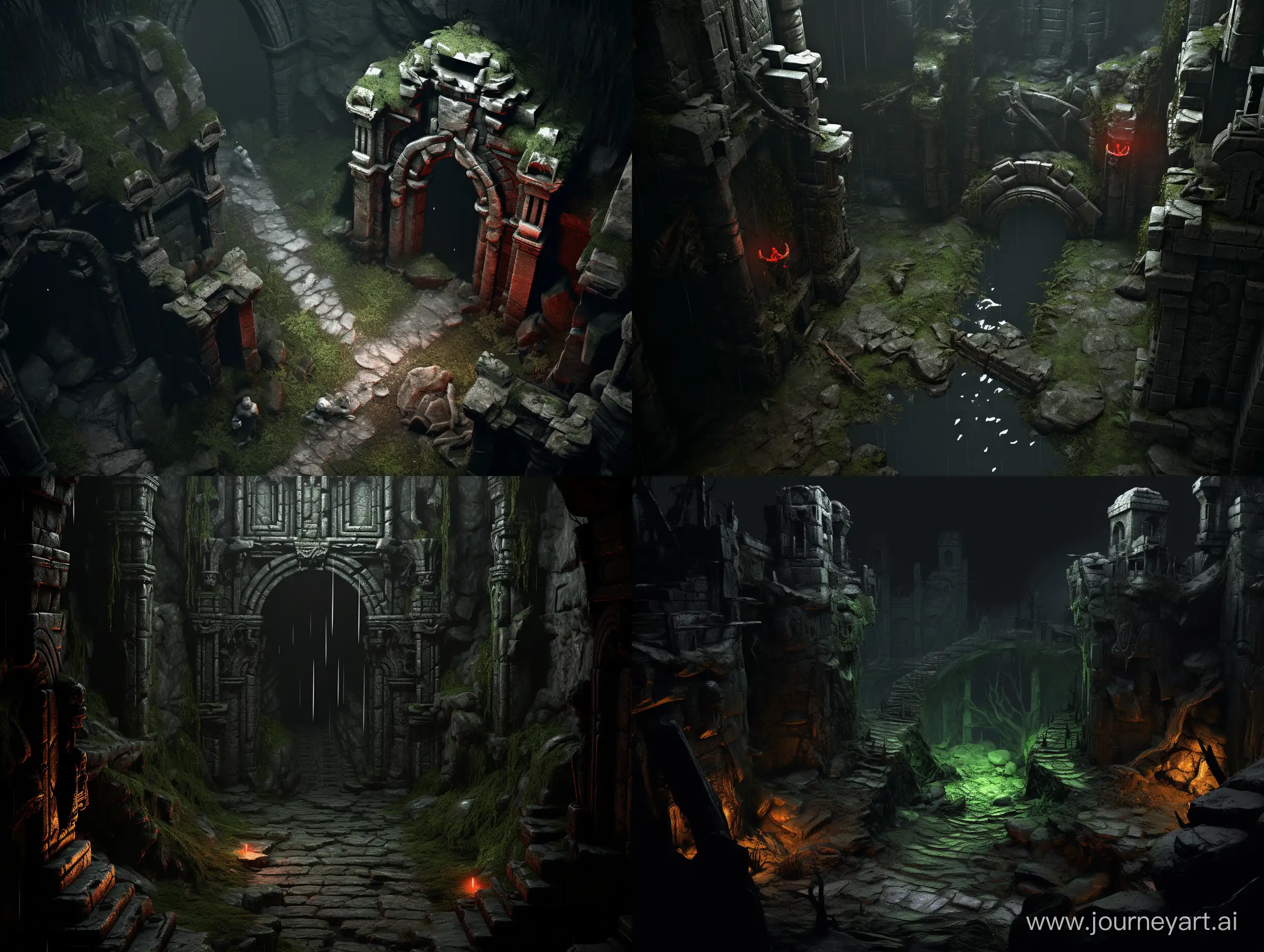 game art, level map, casual games, 2d art, call of antia, mossy rocks, view from above, dark, gloomy atmosphere,the road under the castle walls, darkest dungeon, demonic gate, doors, gargoyle, broken gargoyle, broken sculpture