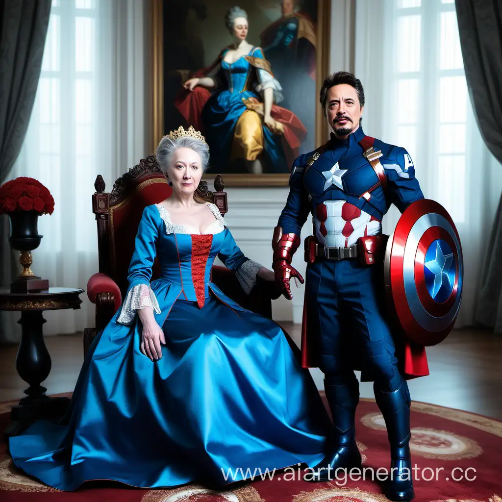 Catherine-the-Great-in-Regal-Blue-Gown-with-Tony-Stark-in-Captain-America-Attire