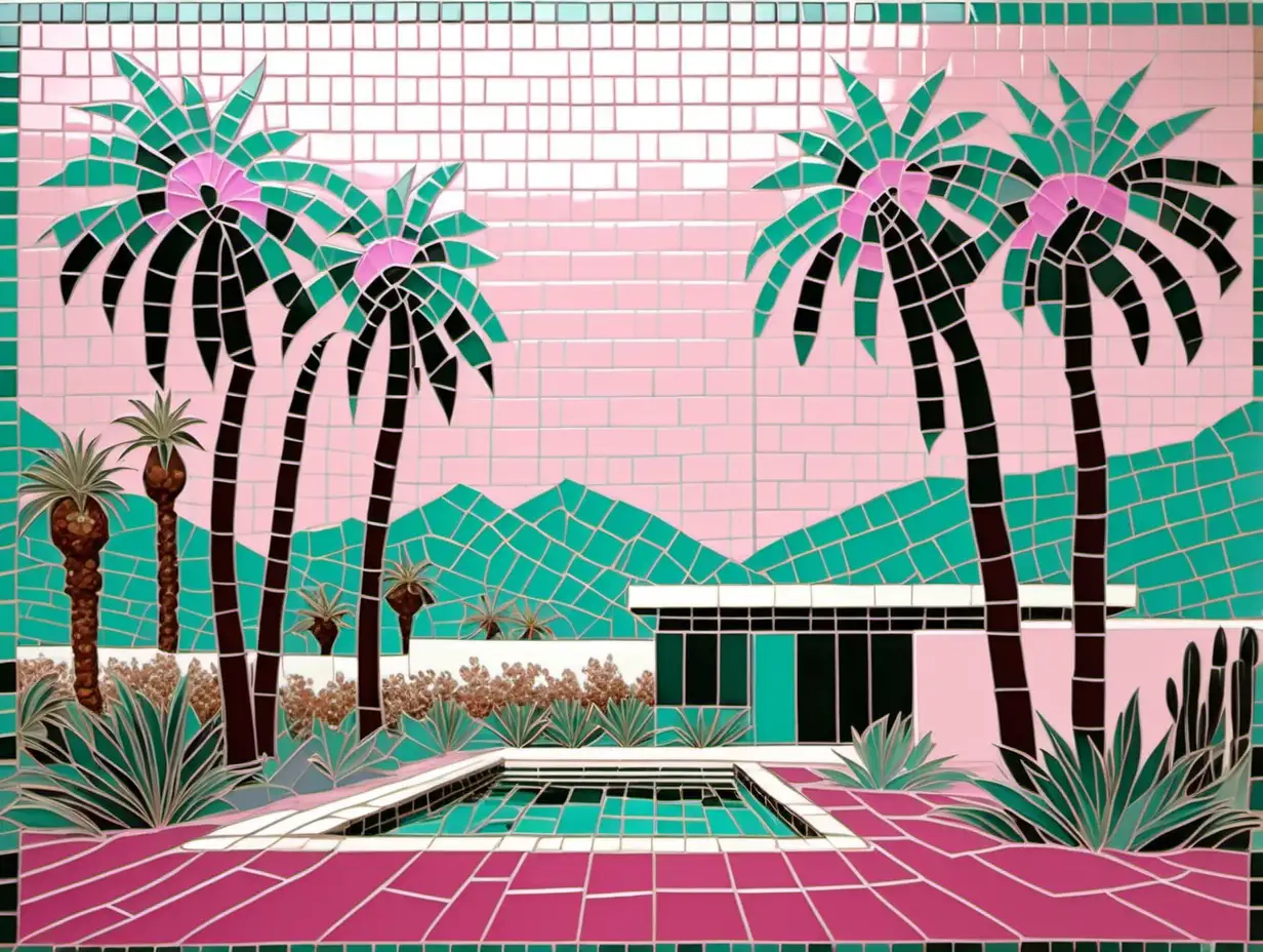 pink and teal palm springs landscale in the style of (a tile mosaic)++