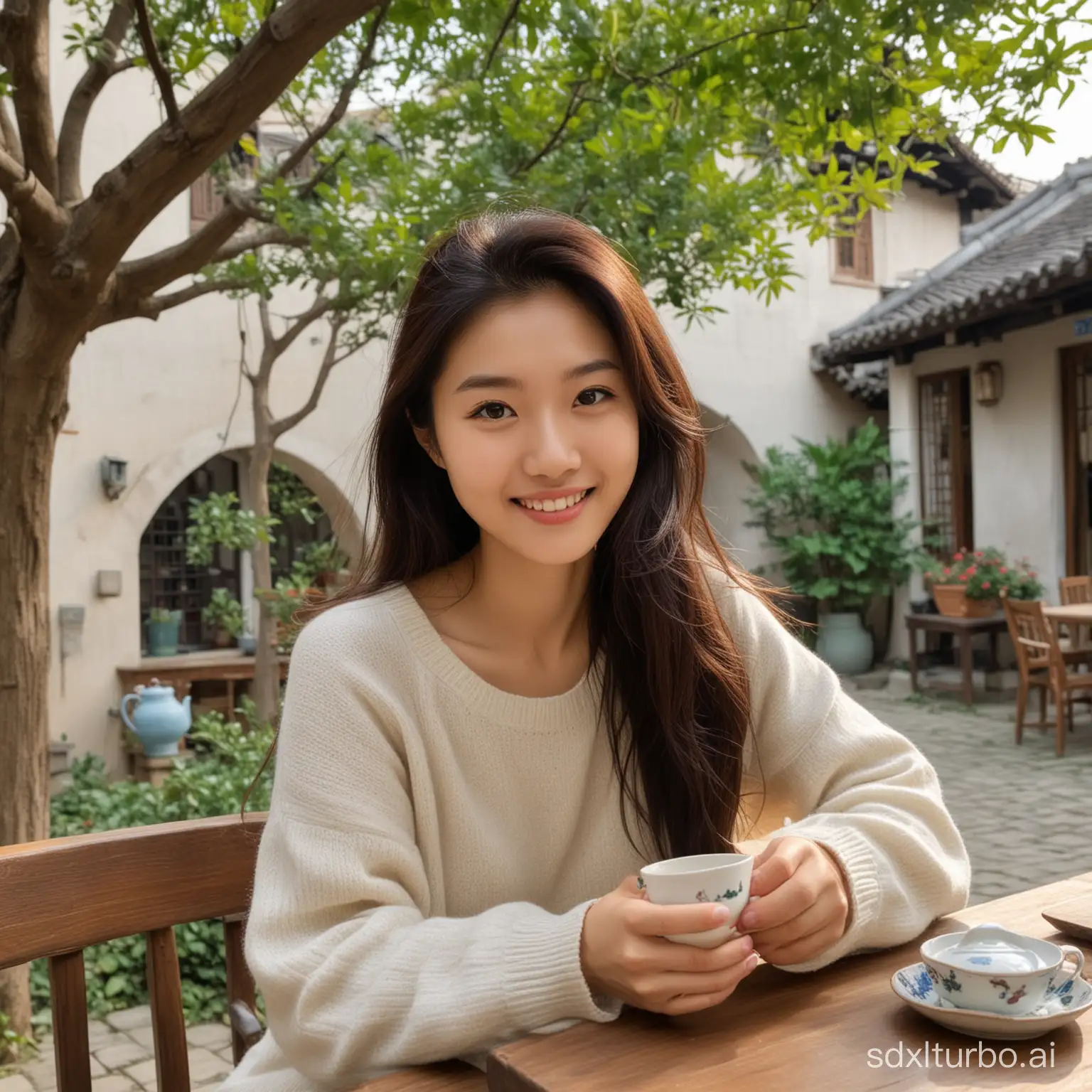 a 24-year-old Chinese girl, long hair, slightly wavy, light colored sweater, sitting at a table in a quaint Chinese countryside courtyard, sipping tea, with a big tree in the courtyard, smiling, cute