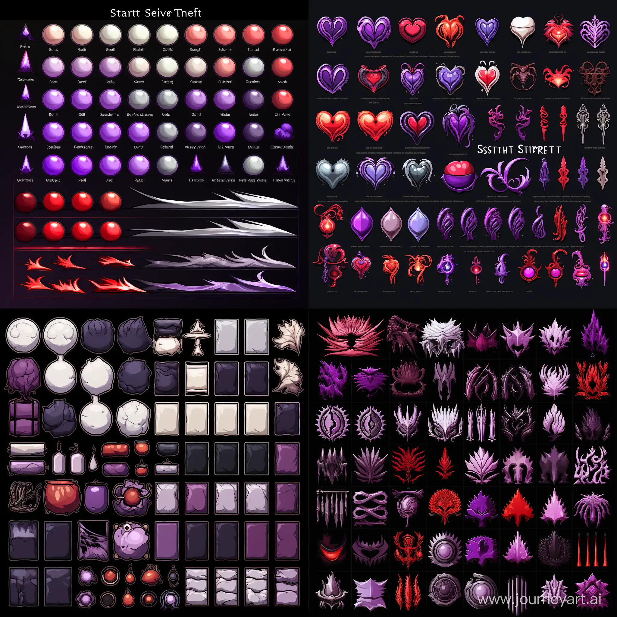 Diverse-Item-Spritesheet-in-Striking-Black-Red-White-and-Purple-Colors