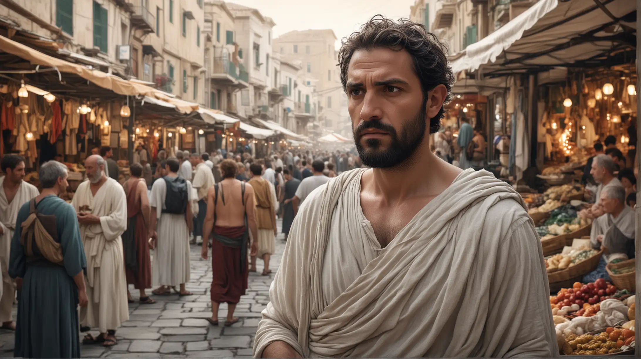 Visualize tranquility amidst chaos Image Description 1: A Greek philosopher stands serenely amidst a bustling marketplace, surrounded by crowds and noise. His calm demeanor contrasts with the chaotic scene around him, illustrating the Stoic ideal of inner peace.