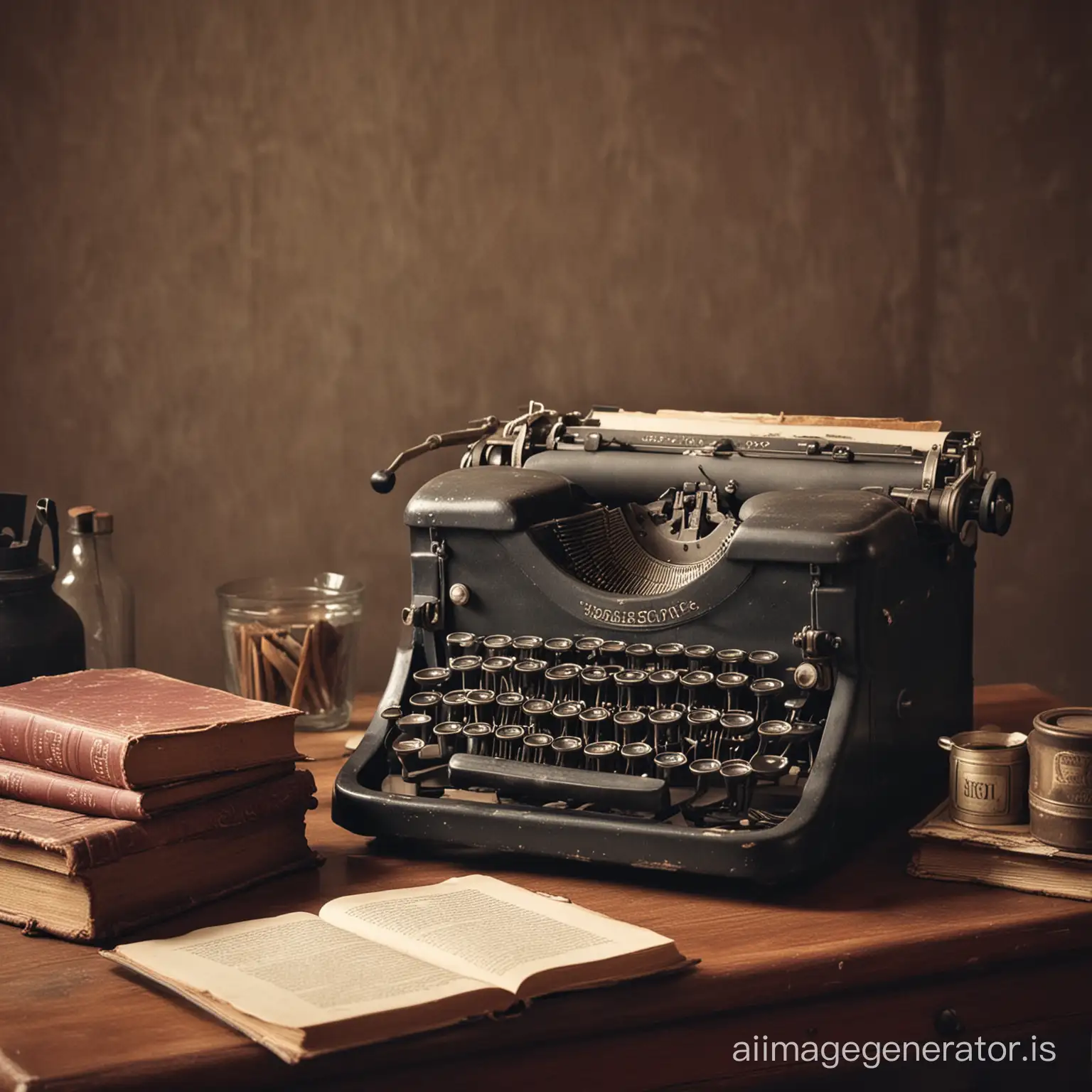 writer's workshop, old books, typewriter, atmosphere of the 19th century