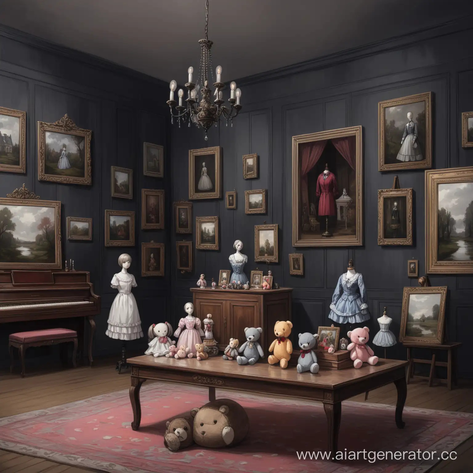 Gloomy manor set with paintings, mannequins and plush toys